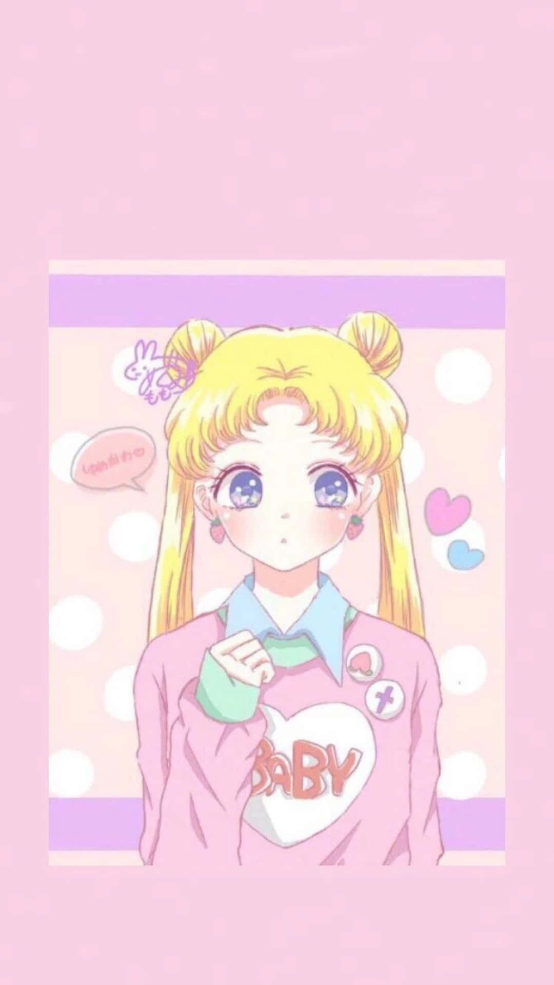 金色雙馬尾的動漫女孩，穿著帶有心形和圓點的粉紅色 'BABY' 毛衣。 — 美少女戰士 GIF 壁紙