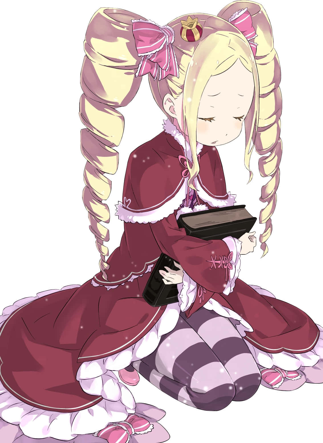Re Zero Beatrice 桌布 壁紙 — 一個可愛的動漫女孩，金色雙馬尾，穿著紅色冬季外套，坐在雪景背景中，手裡拿著一本書。