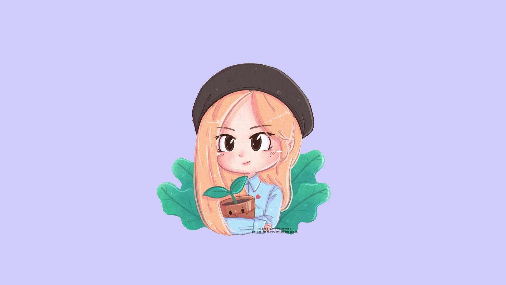 金髮戴貝雷帽的動漫女孩拿著盆栽植物。 — Blackpink 動畫 GIF 壁紙
