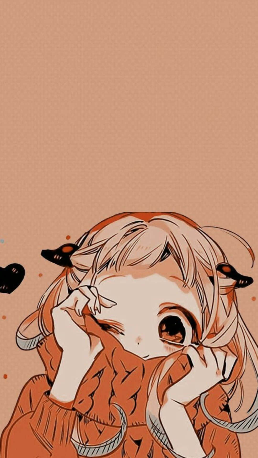 Kawaii Characters 桌布 壁紙 — 一個可愛的動漫女孩，金髮和角，在溫暖的棕色背景前害羞地從手後偷看。