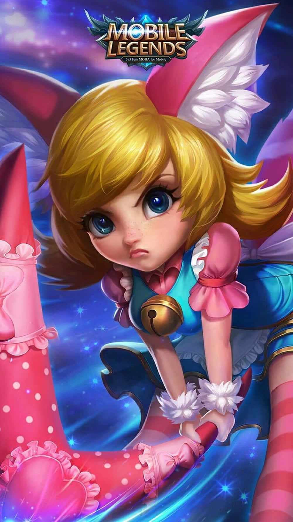 Mobile Legends 動態圖 桌布 壁紙 — 一個可愛的動漫女孩，金髮粉紅耳朵，在星空宇宙背景下拿著一個巨大的粉紅色靴子。