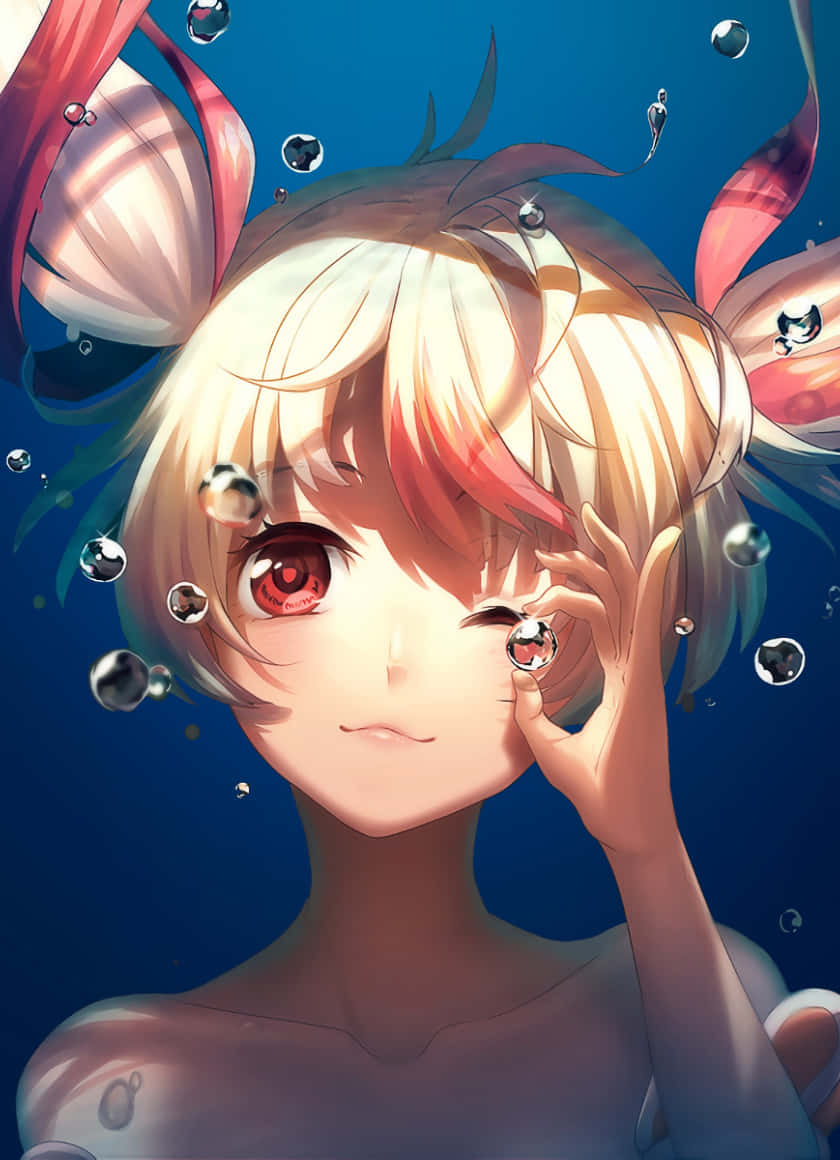 金髮紅眼的動漫女孩在水下微笑，周圍有氣泡。 — 水下動畫 壁紙