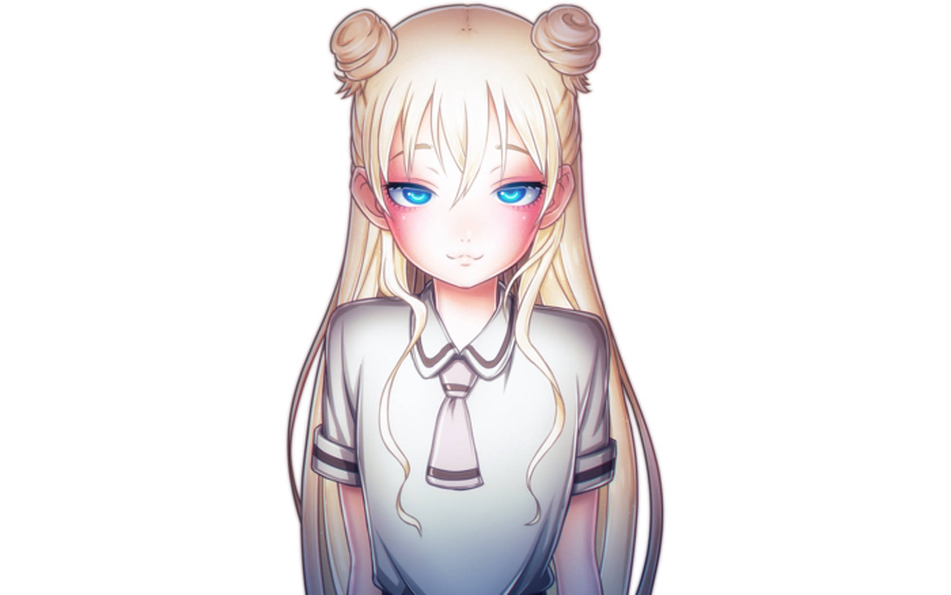 asobi asobase 桌布 壁紙 — 一個可愛的動漫女孩，金髮雙丸子頭，藍色眼睛，穿著白色校服，背景是純白色。