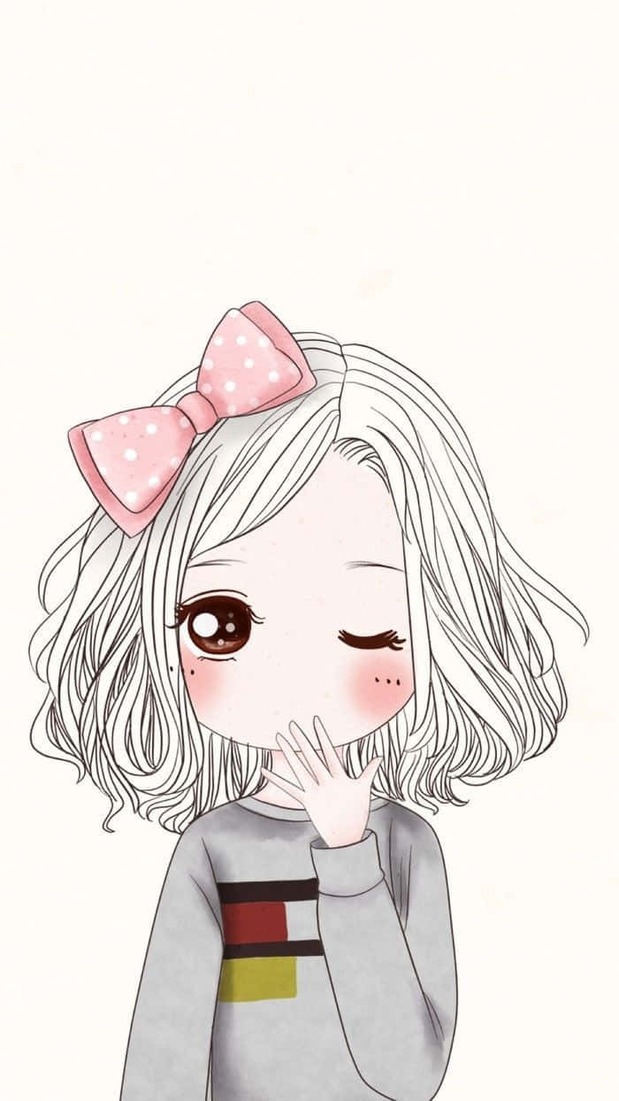 動漫女孩 桌布 壁紙 — 一個可愛的動漫女孩，銀色頭髮，戴著粉紅色圓點蝴蝶結，用一隻手捂住嘴巴。