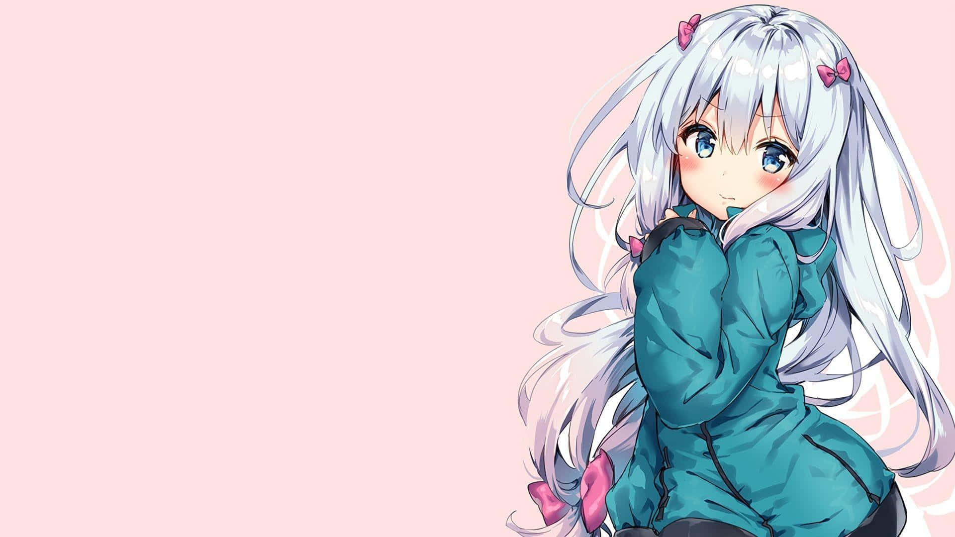 動漫女孩 桌布 壁紙 — 一個可愛的動漫女孩，銀色頭髮和粉紅色蝴蝶結，穿著藍綠色外套，背景是柔和的粉紅色。