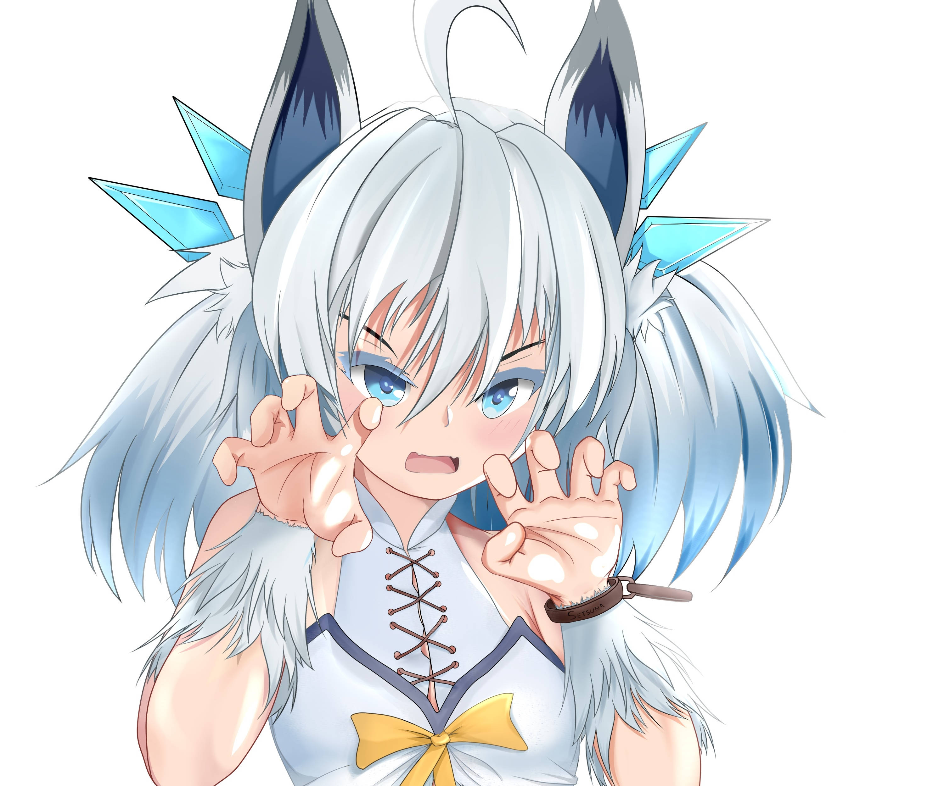 Healer 桌布 壁紙 — 一個可愛的動漫女孩，銀色頭髮和藍色狐狸耳朵，雙手靠近臉部做出頑皮的表情。