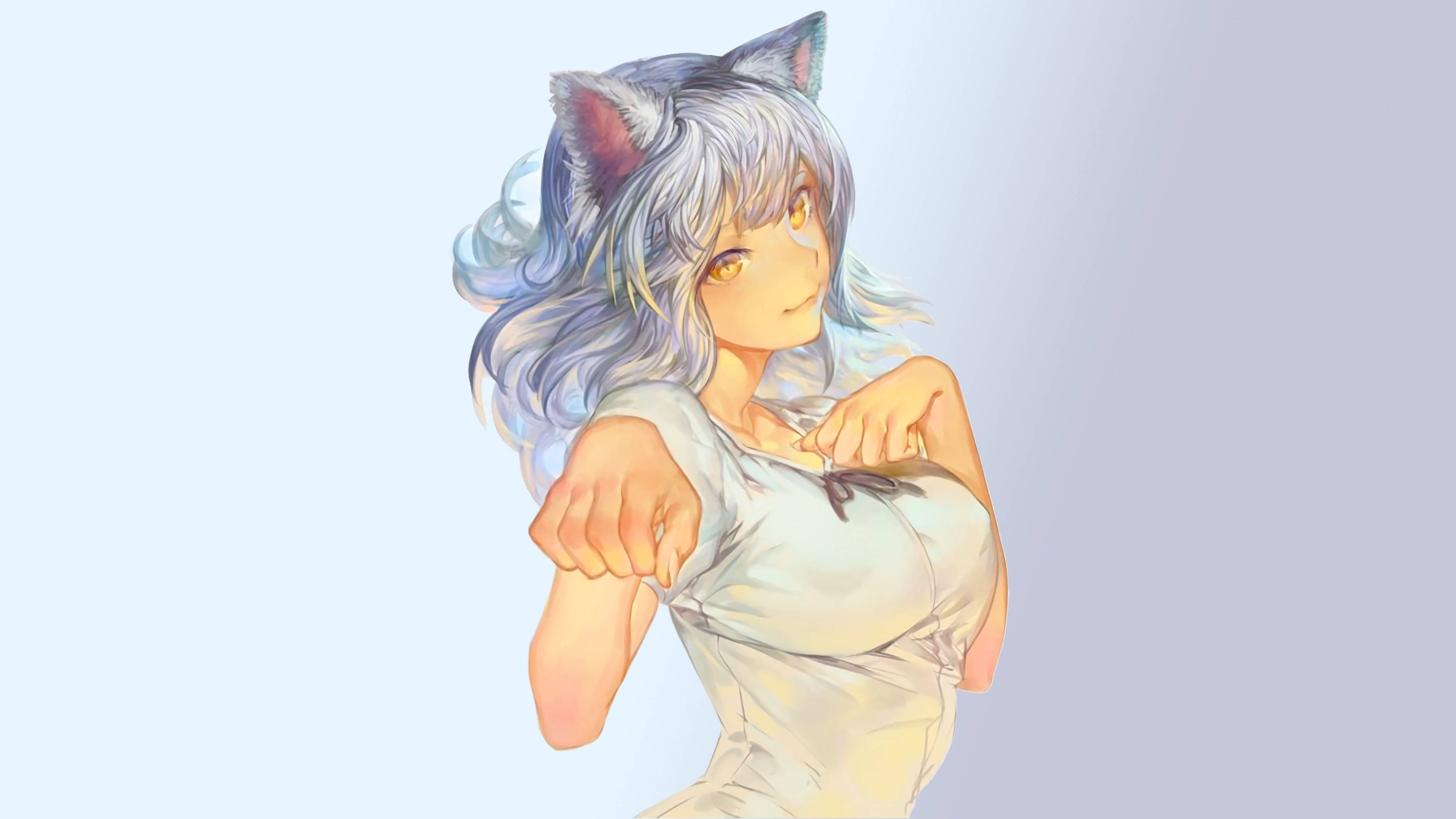 Sexy Anime 桌布 壁紙 — 一個可愛的動漫女孩，銀色頭髮和貓耳朵，在柔和的漸變背景上頑皮地拉著她的白色襯衫。