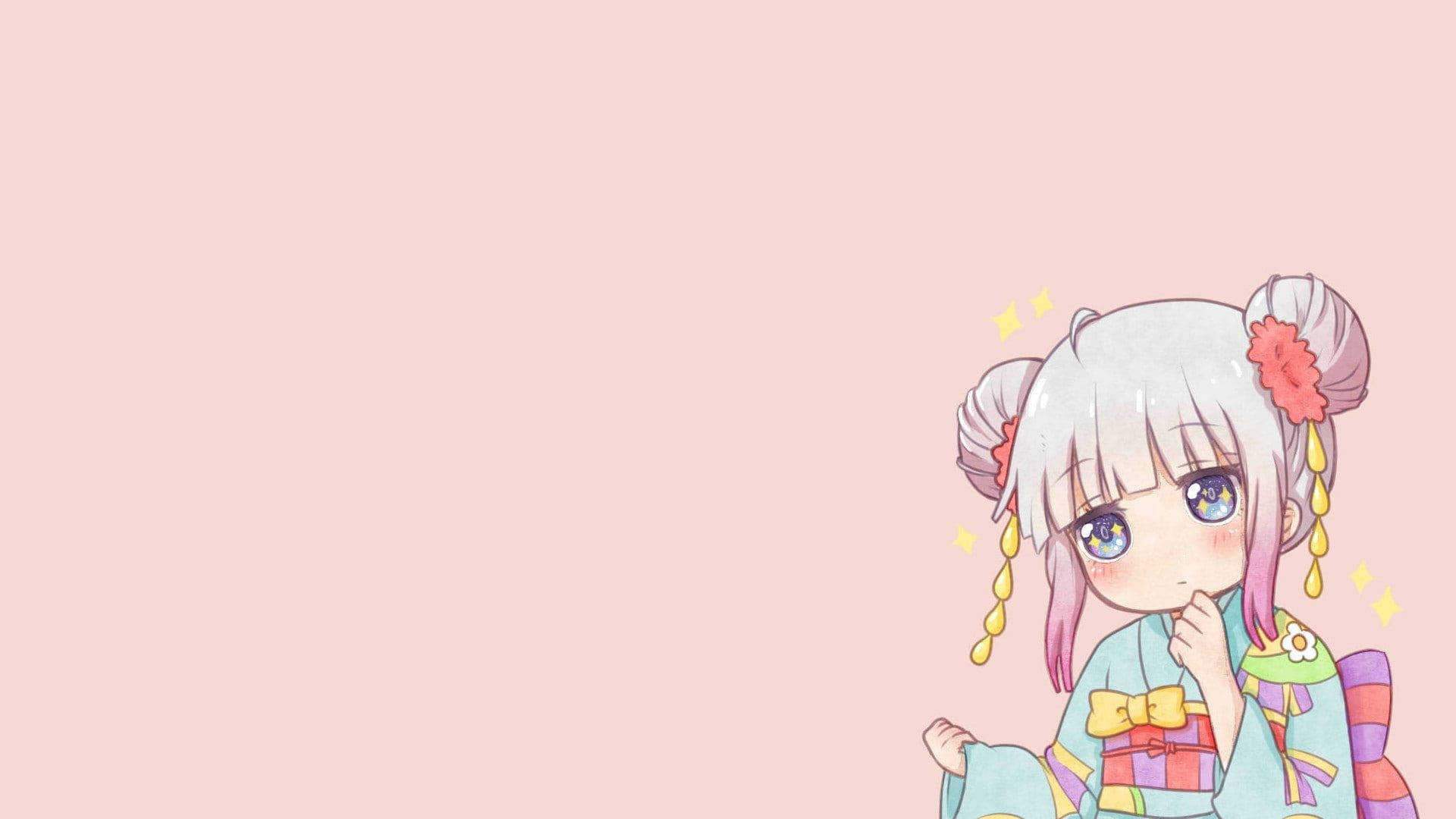 Cute Anime Girl 桌布 壁紙 — 一個可愛的動漫女孩，銀色頭髮帶有粉紅色點綴，穿著色彩繽紛的和服，在柔和的粉紅色背景前沉思擺姿勢。