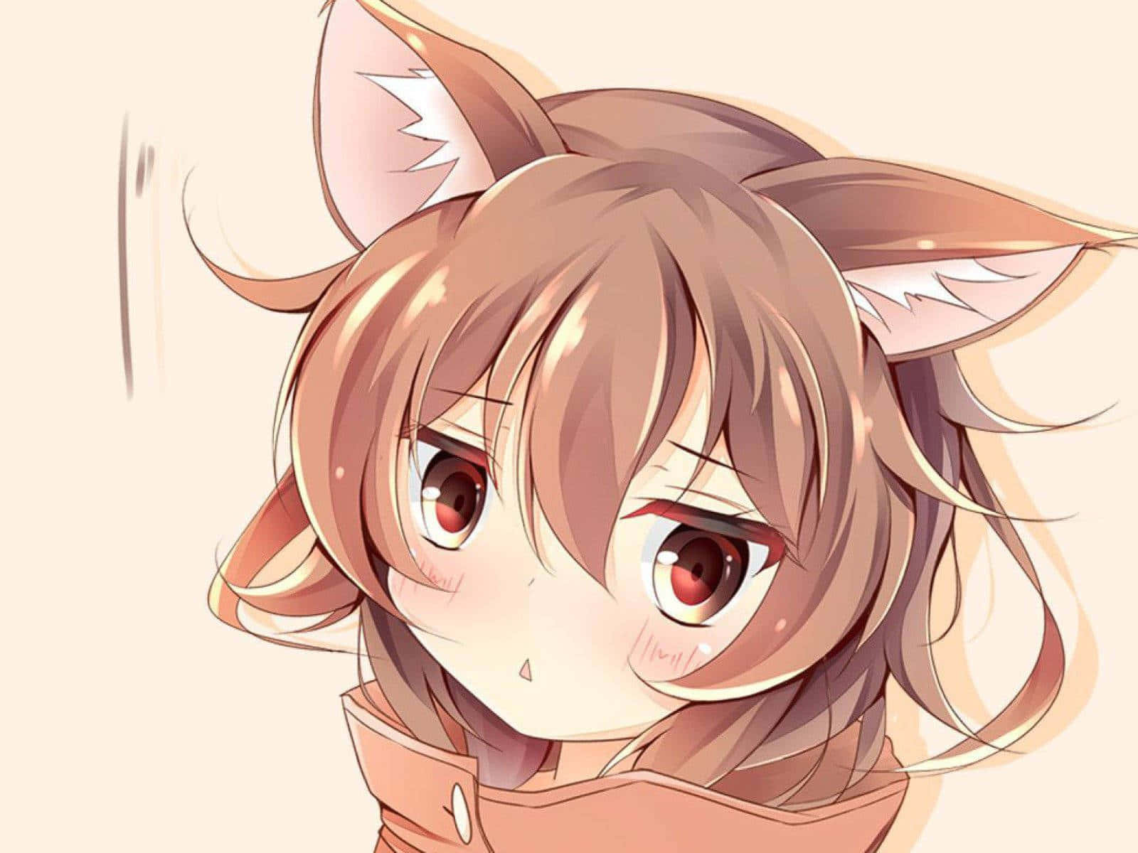 Gacha Life 桌布 壁紙 — 一個可愛的動漫女孩，長著棕色的貓耳朵和紅色的眼睛，在柔和的米色背景下害羞地抬頭看。
