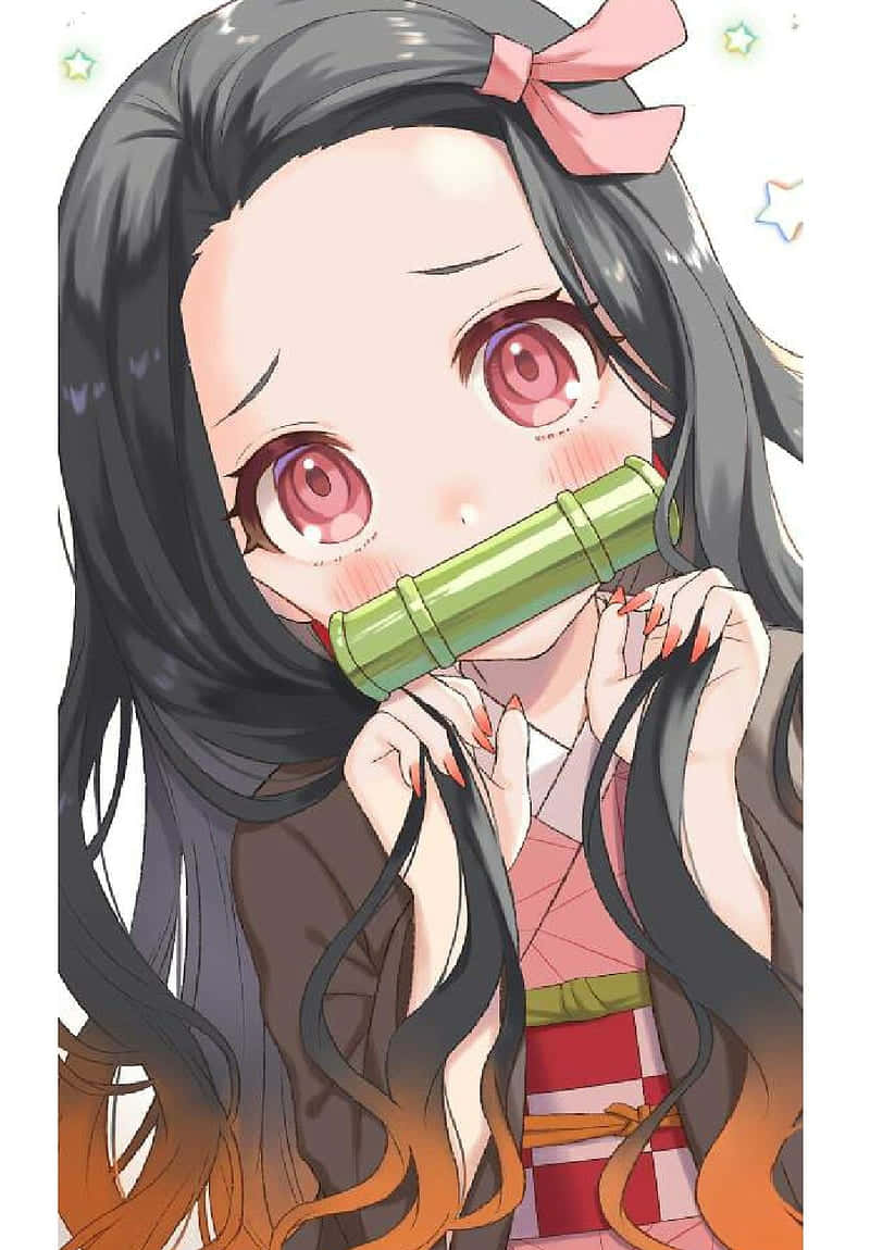 動漫女孩 桌布 壁紙 — 一個可愛的動漫女孩，長著深色長髮和粉紅色眼睛，害羞地將綠色竹笛放在唇邊。