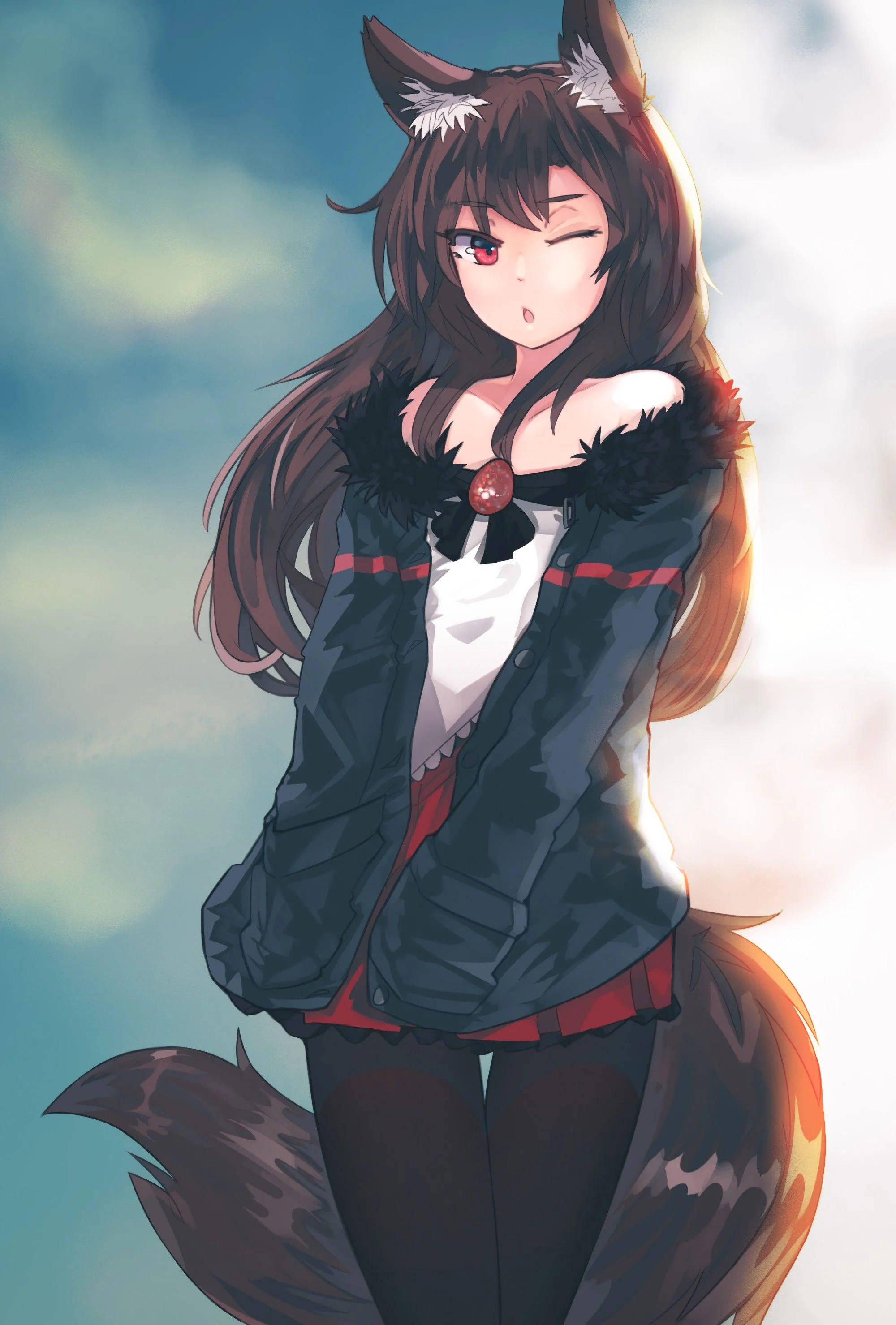 Wolf Girl 桌布 壁紙 — 一個可愛的動漫女孩，長著狐狸耳朵和尾巴，在柔和的天空背景下俏皮地眨眼。