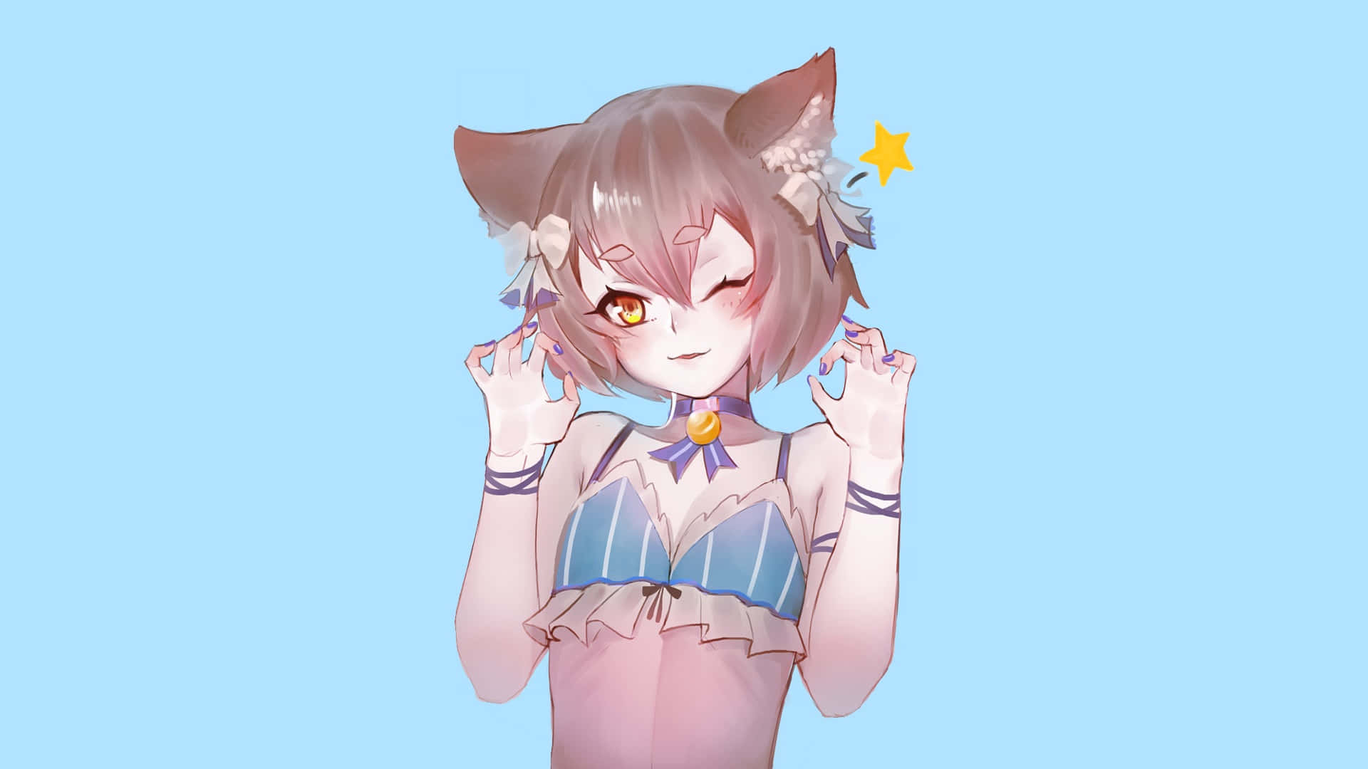 Felix Argyle 桌布 壁紙 — 一個可愛的動漫女孩，長著狐狸耳朵，頭頂有一顆星星，在純淺藍色背景前頑皮地擺姿勢。