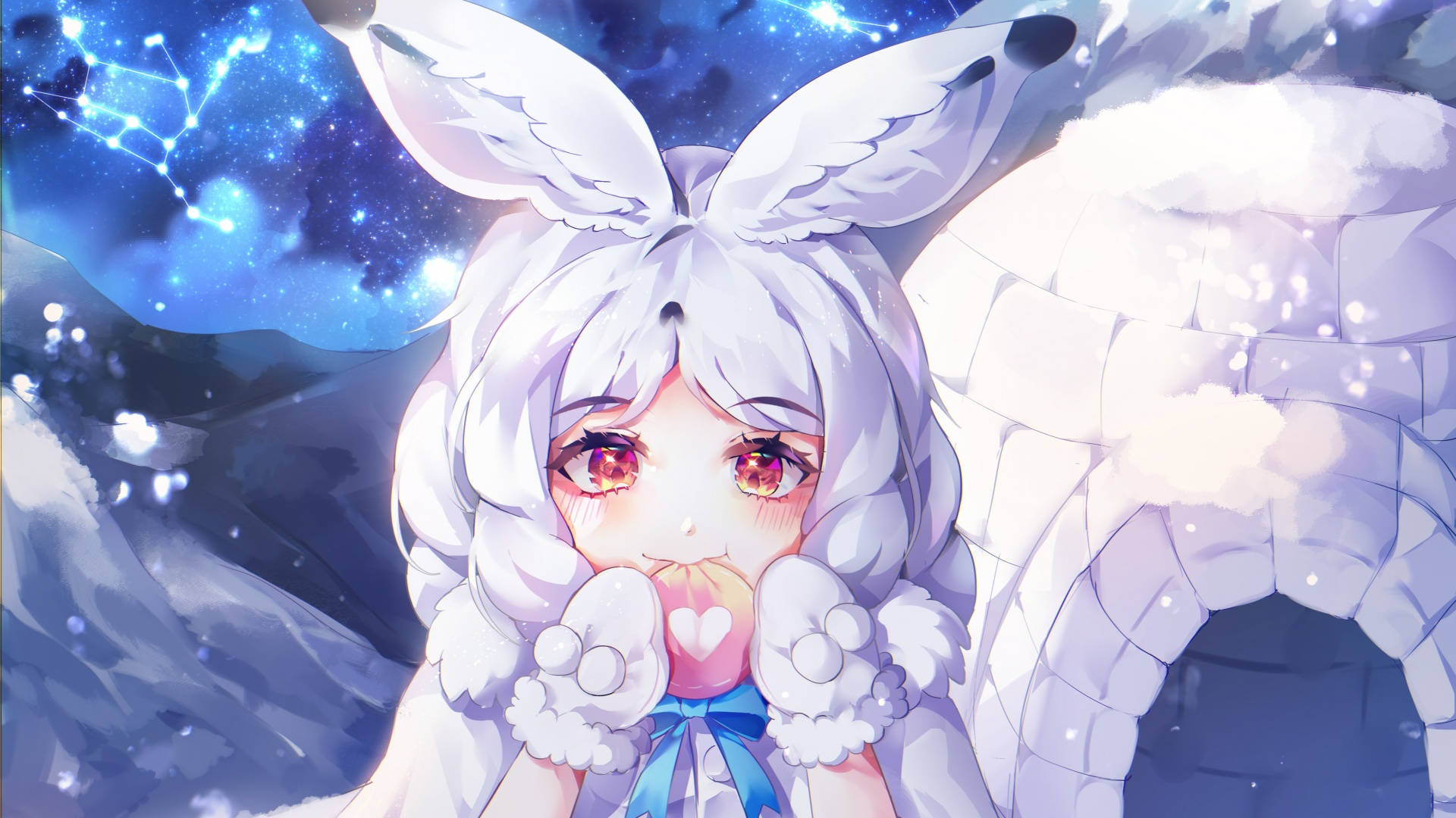 cute aesthetic pc 桌布 壁紙 — 一個可愛的動漫女孩，長著白色的兔耳朵和蓬鬆的翅膀，在閃爍著星座的星空藍天下溫柔地微笑。