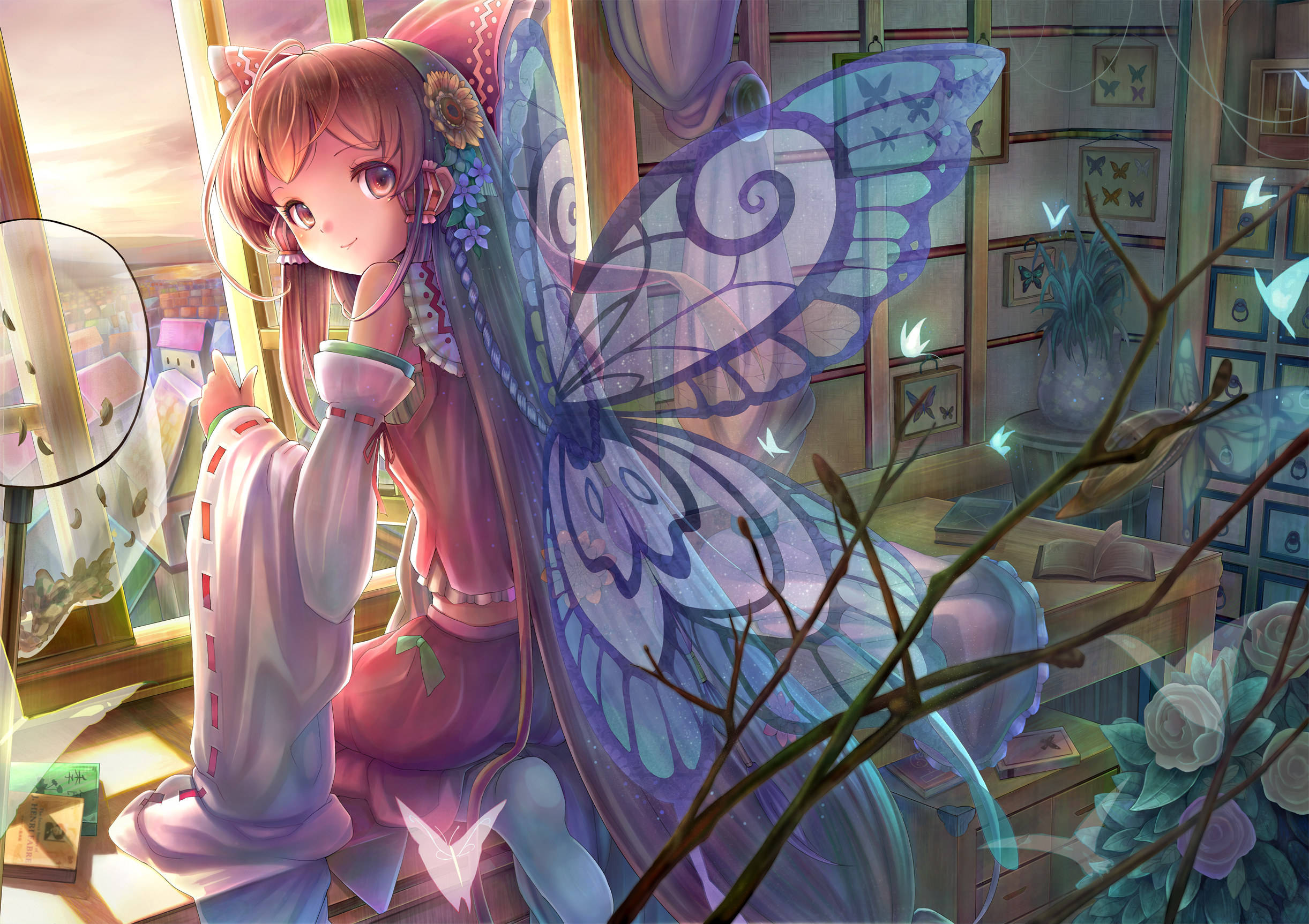 東方 桌布 壁紙 — 一個可愛的動漫女孩，長著蝴蝶翅膀，在一個充滿鮮花和書籍的舒適、陽光明媚的房間裡啜飲茶。