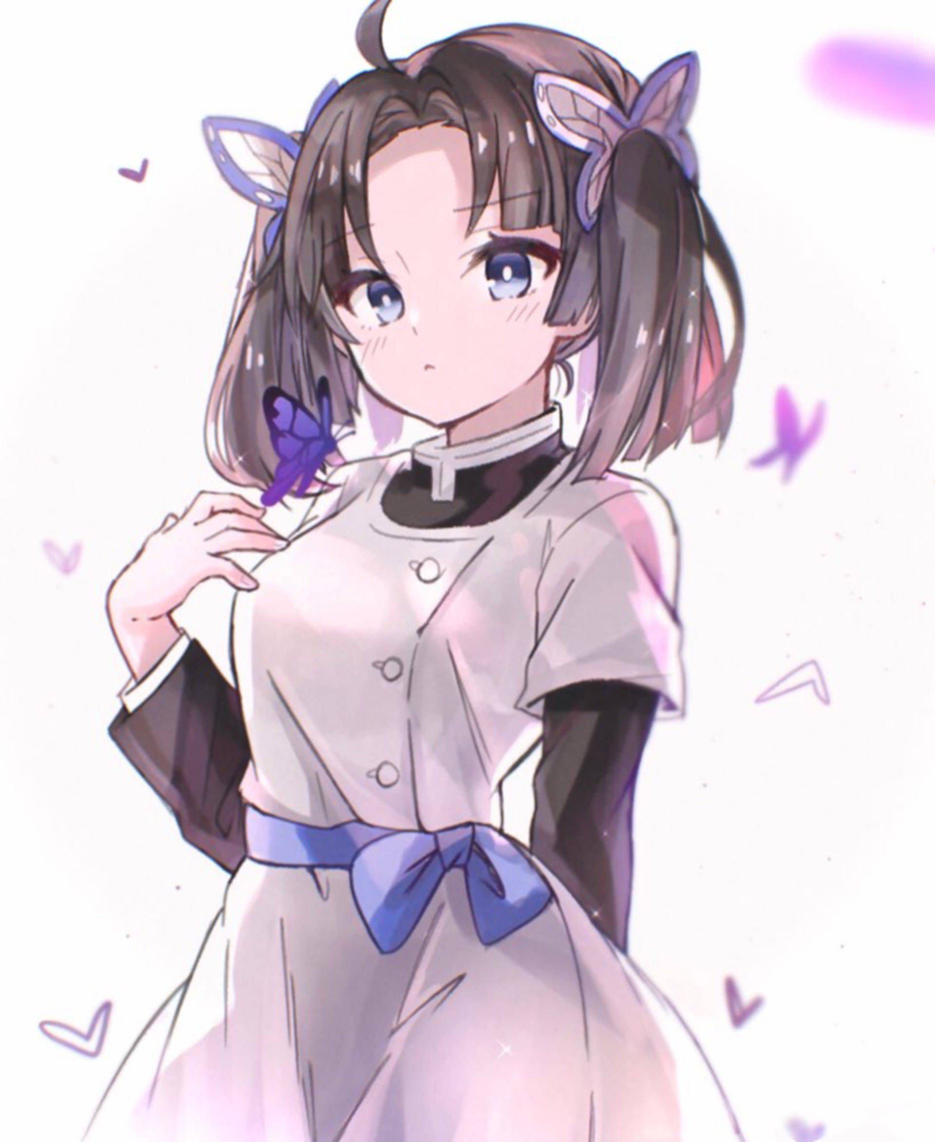 aoi kanzaki 桌布 壁紙 — 一個可愛的動漫女孩，長著貓耳朵，一隻紫色蝴蝶輕輕停在她的手指上，背景是柔和的粉彩。