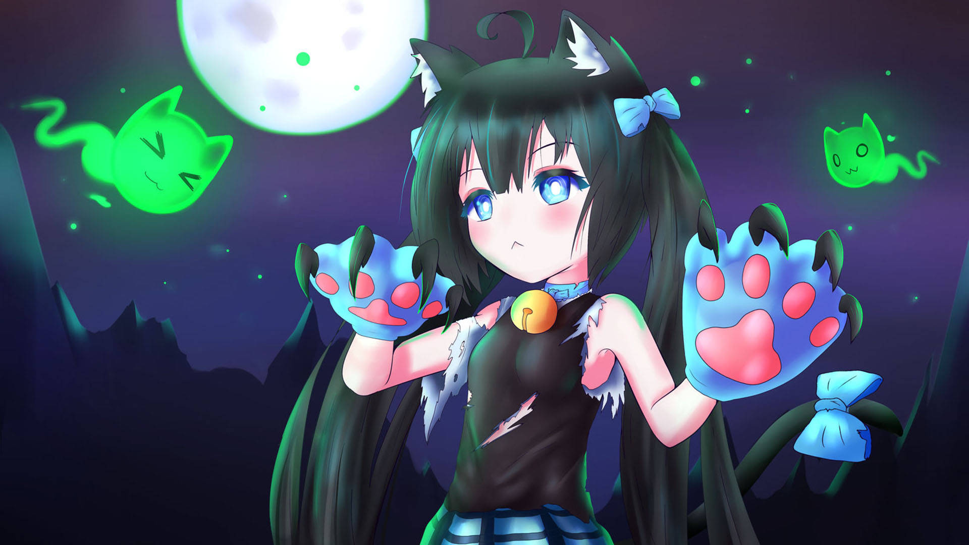 Vrchat 桌布 壁紙 — 一個可愛的動漫女孩，長著貓耳朵，在黑暗森林的滿月下帶著發光的綠色幽靈。