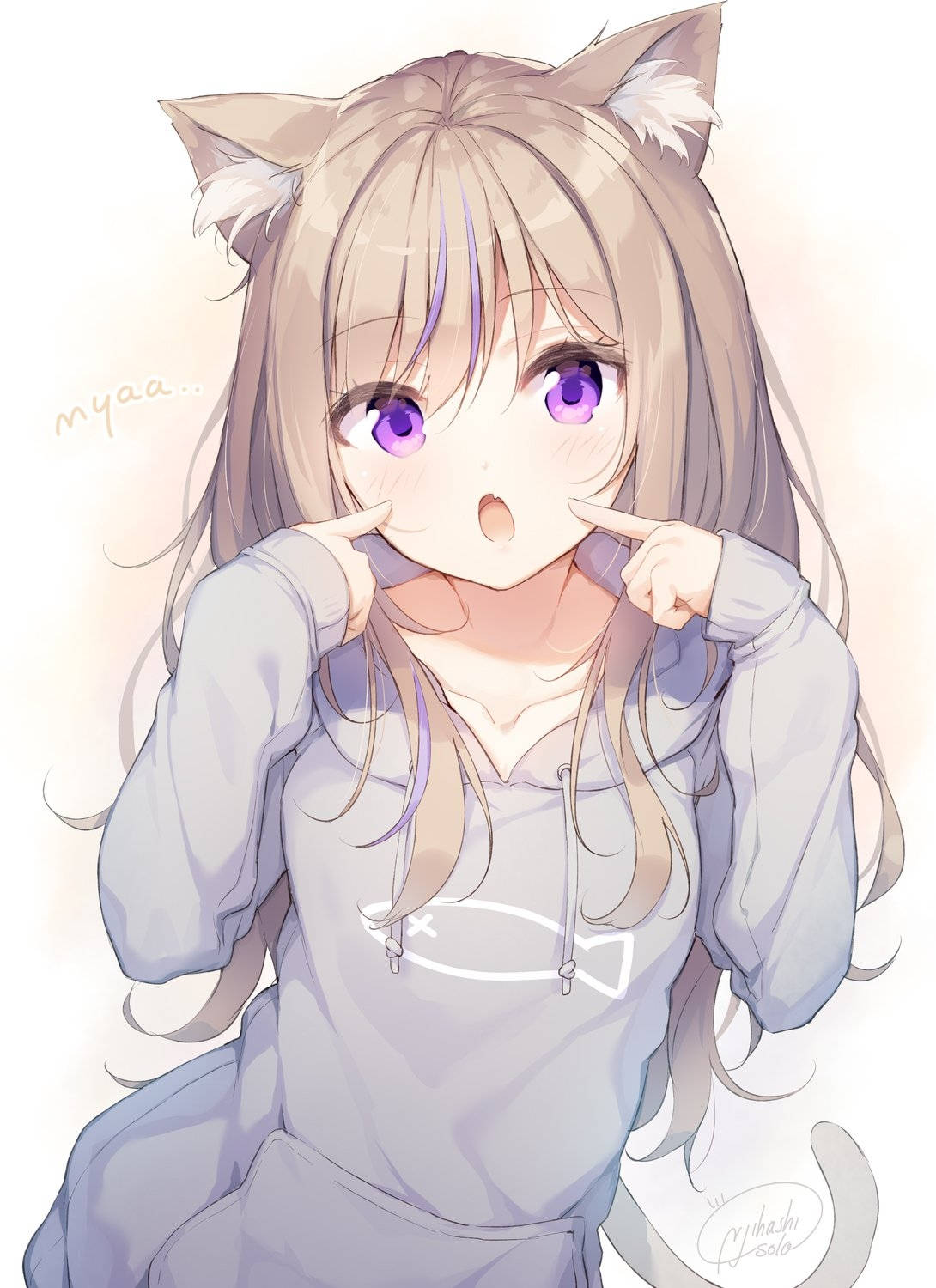 Hoodie 桌布 壁紙 — 一個可愛的動漫女孩，長著貓耳朵和紫色眼睛，穿著淺灰色連帽衫，頑皮地捏著臉頰。