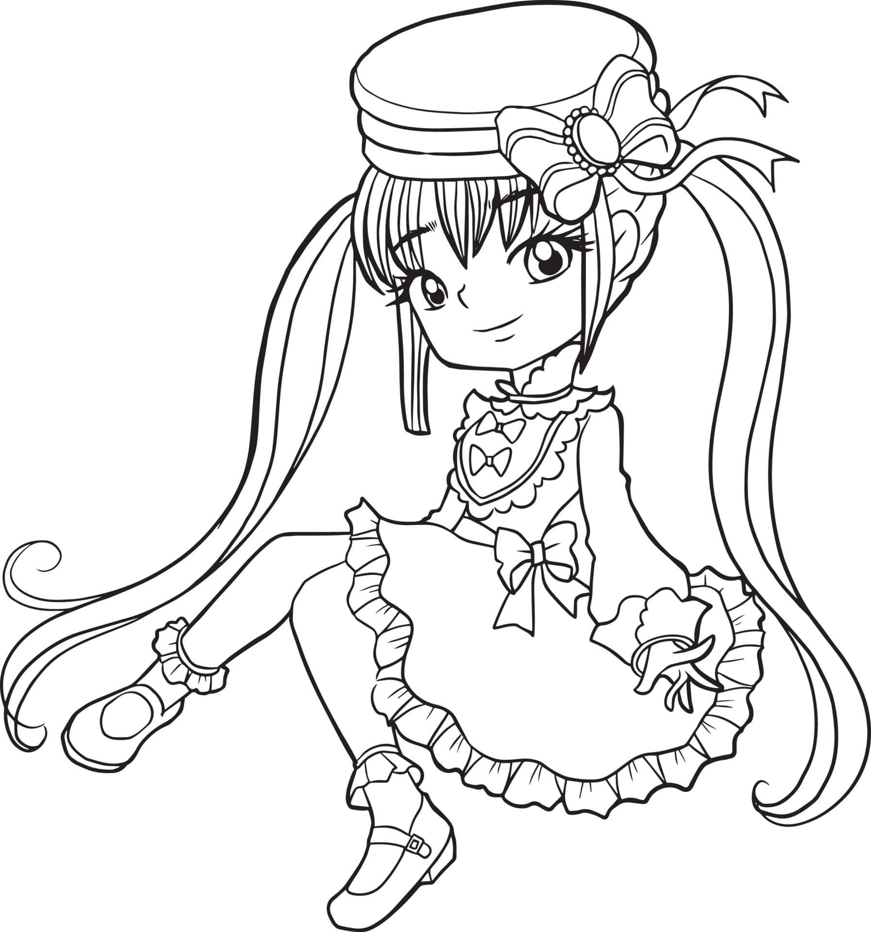 Anime Coloring 桌布 壁紙 — 一個可愛的動漫女孩，長著長辮子，穿著荷葉邊連衣裙，以黑白線條藝術風格微笑坐著。