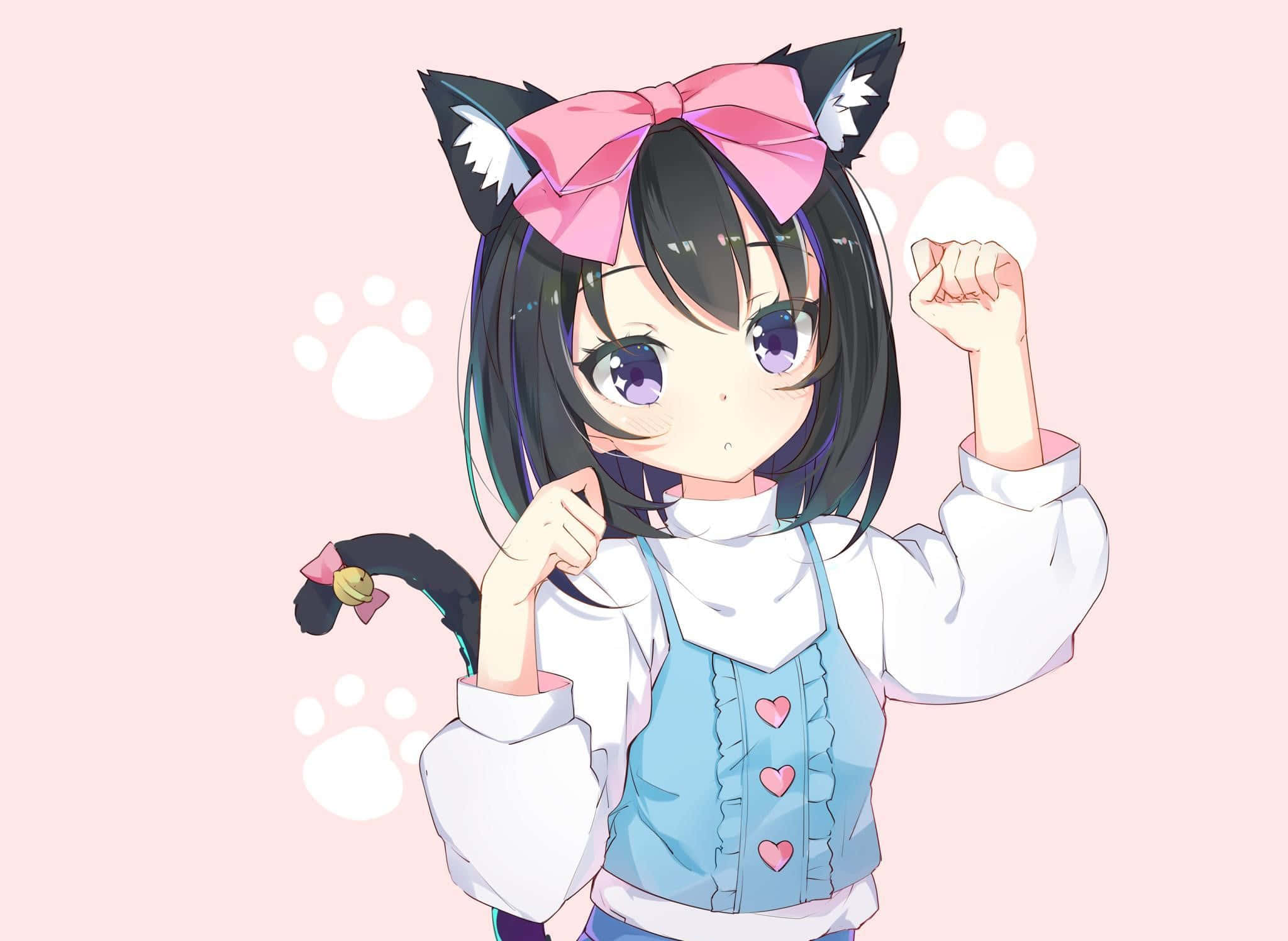 neko 桌布 壁紙 — 一個可愛的動漫女孩，長著黑色的貓耳朵和尾巴，在帶有爪印的柔和粉紅色背景前開心地擺姿勢。