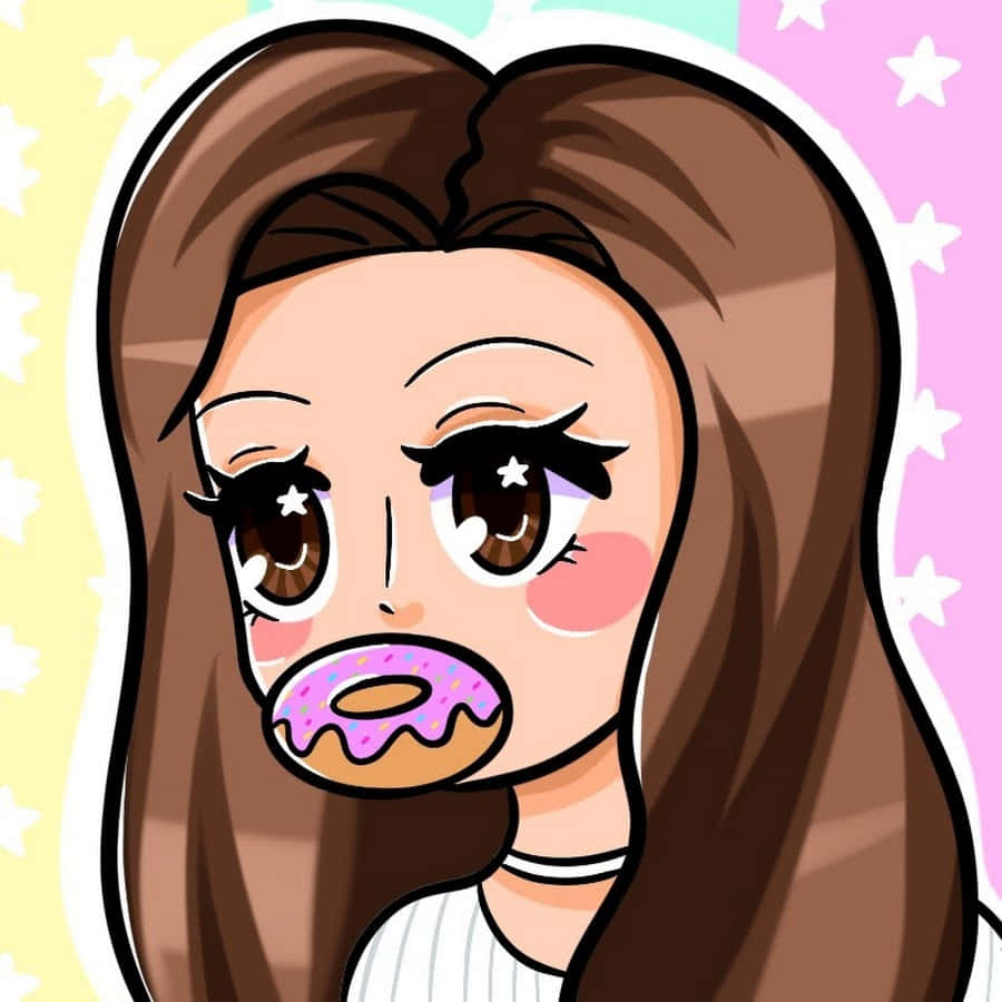 動漫女孩 桌布 壁紙 — 一個可愛的動漫女孩，長長的棕色頭髮和星星般的眼睛，在粉彩星星背景下咀嚼粉紅色糖霜甜甜圈。