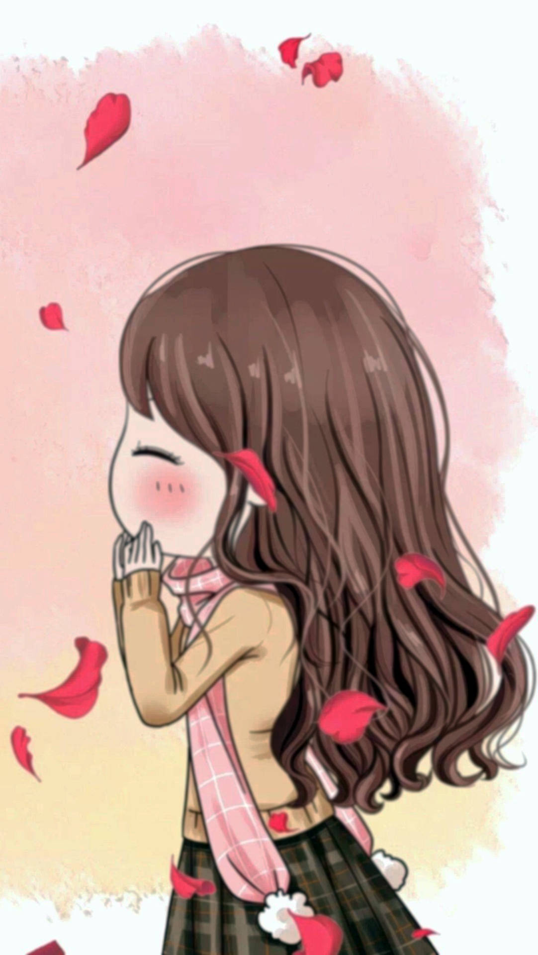 棕色頭髮和粉紅色圍巾的動漫女孩，在飄落的紅色玫瑰花瓣中害羞地微笑。 — 配對 GIF 壁紙