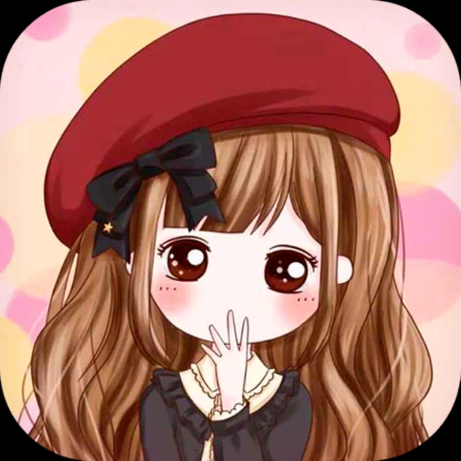 動漫女孩 桌布 壁紙 — 一個可愛的動漫女孩，長長的棕色頭髮和紅色貝雷帽，用手捂住嘴巴，背景是柔和的粉彩。