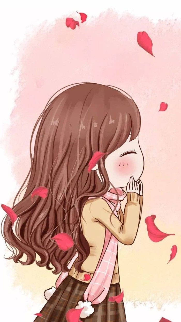 Cartoon 桌布 壁紙 — 一個可愛的動漫女孩，長長的棕色頭髮，在柔和的粉紅色天空下，紅色花瓣飄落，她害羞地微笑。