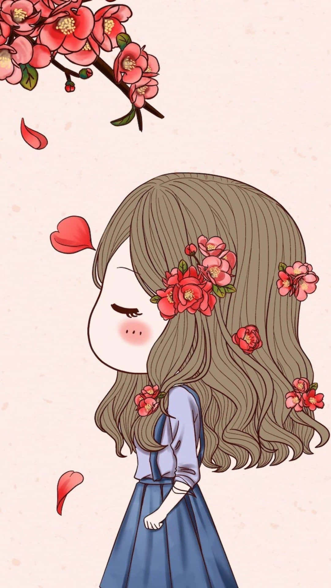 動漫女孩頭髮上插著花，站在開花的樹枝下，花瓣飄落。 — Q版動圖 壁紙
