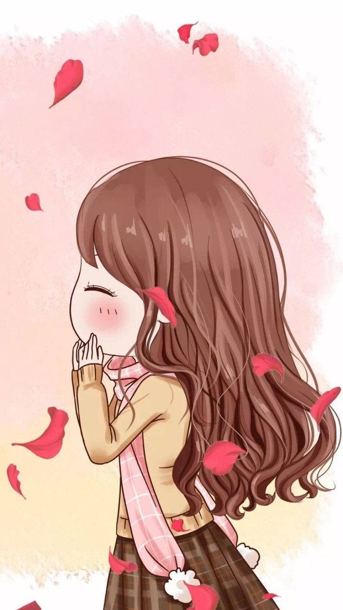 cute couple matching 桌布 壁紙 — 一個可愛的動漫女孩，長長的棕色頭髮，在柔和的粉紅色背景中，紅色玫瑰花瓣在她周圍飄落，她害羞地微笑。