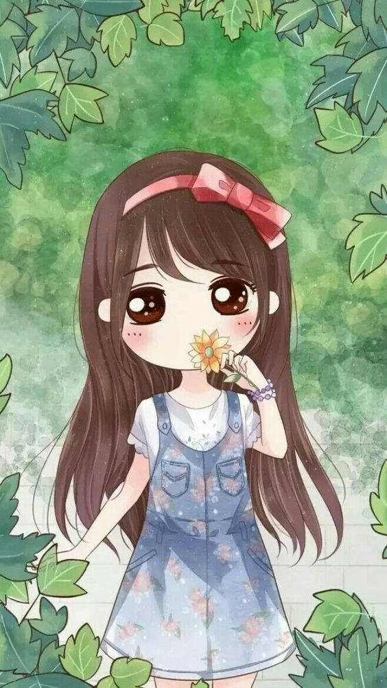 可愛女生 桌布 壁紙 — 一個可愛的動漫女孩，長長的棕色頭髮和粉紅色蝴蝶結，在茂密的綠色常春藤環繞中手持向日葵。