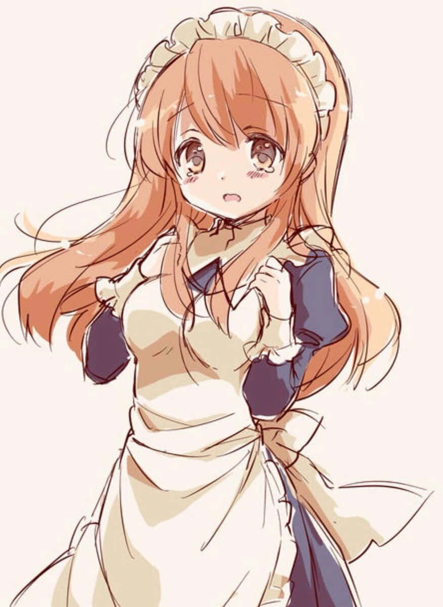 Mikuru Asahina 桌布 壁紙 — 一個可愛的動漫女孩，長長的橙色頭髮和女僕裝，睜大眼睛臉紅，看起來很驚訝。