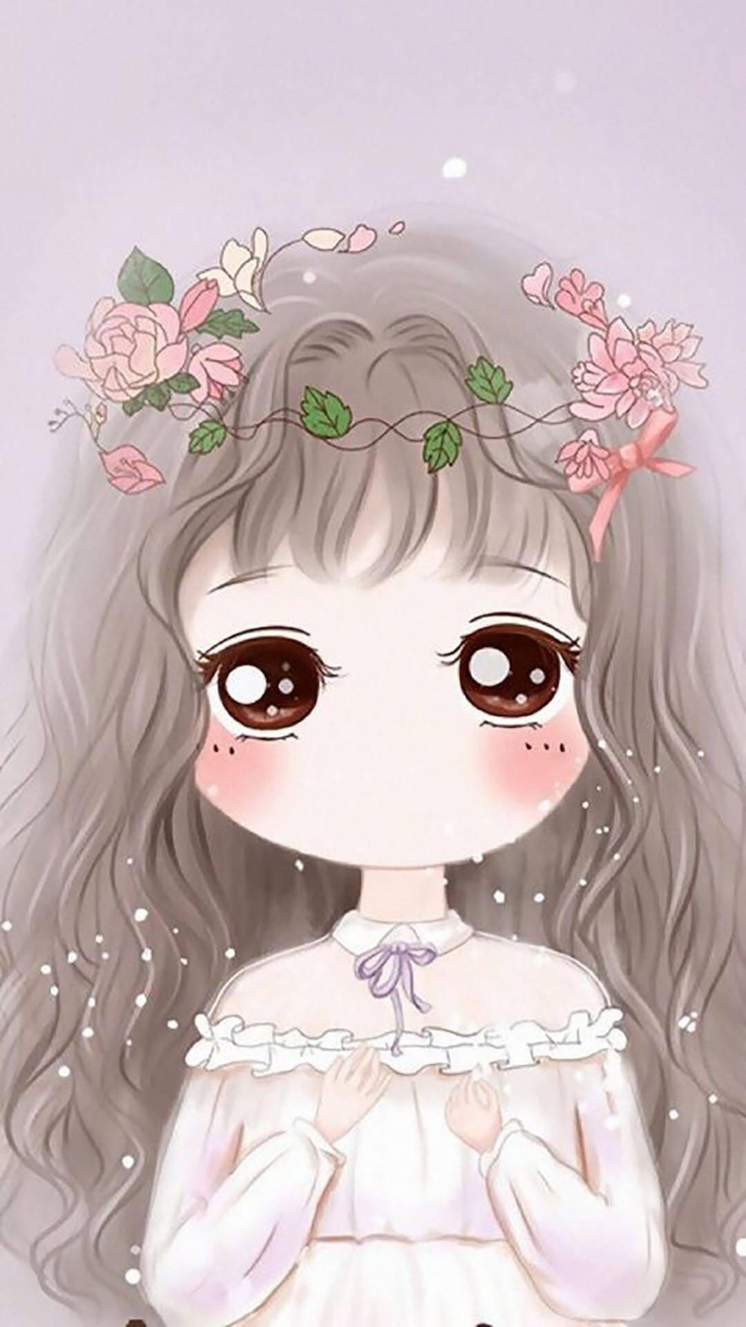 可愛 桌布 壁紙 — 一個可愛的動漫女孩，長長的灰色頭髮和粉紅色的花冠，穿著帶有蕾絲和紫色蝴蝶結的白色連衣裙。