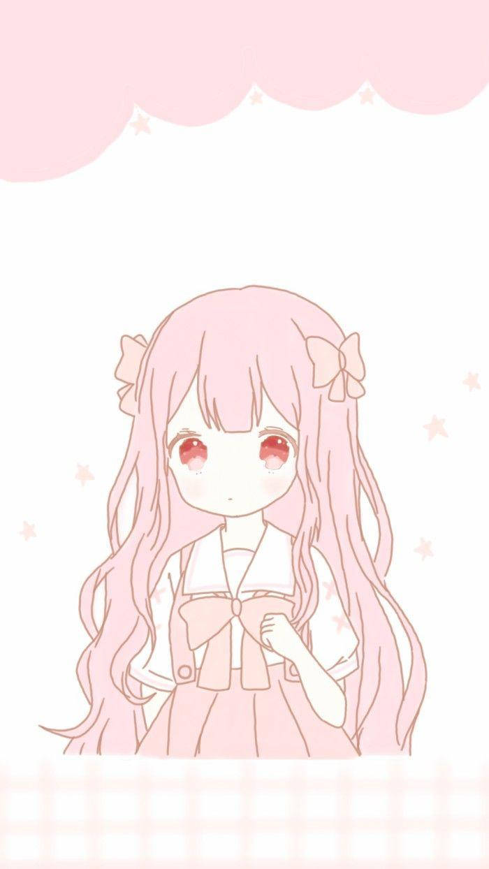 Kawaii Anime 桌布 壁紙 — 一個可愛的動漫女孩，長長的粉紅色頭髮和紅色眼睛，穿著粉紅色蝴蝶結連衣裙，在帶有星星的柔軟粉紅色雲朵下。