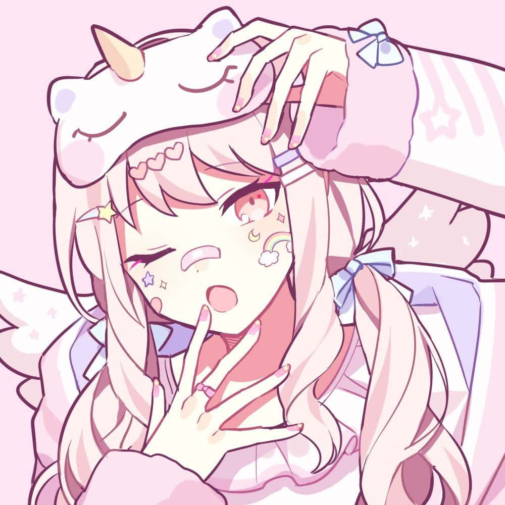 Cute Anime Profile 桌布 壁紙 — 一個可愛的動漫女孩，長長的粉紅色頭髮和獨角獸帽子，在柔和的粉紅色背景下害羞地臉紅並做出和平手勢。