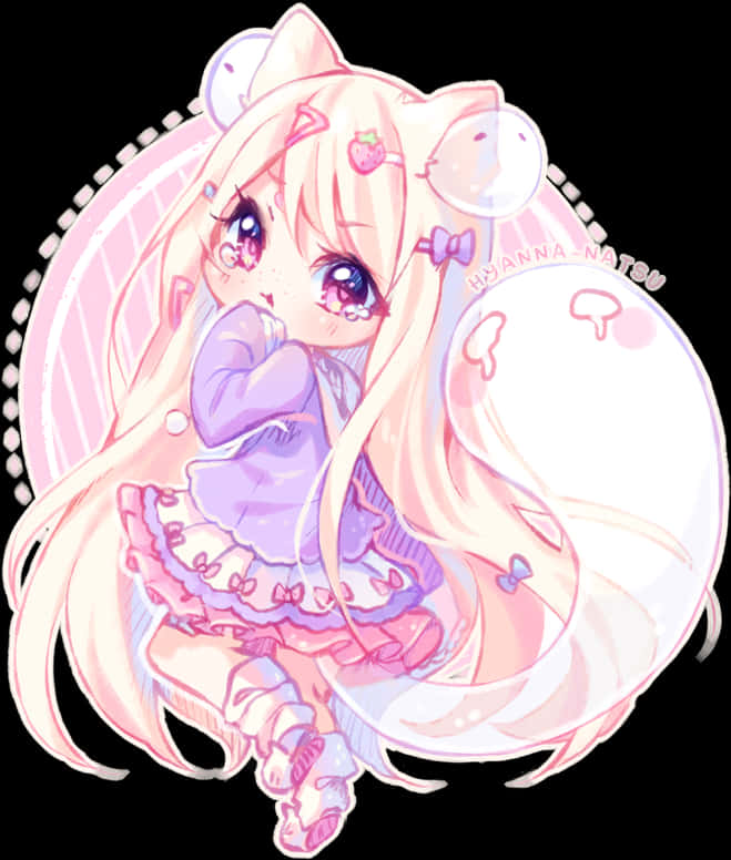 Anime Chibi 桌布 壁紙 — 一個可愛的動漫女孩，長長的粉紅色頭髮和貓耳朵，穿著紫色荷葉邊連衣裙，坐在粉紅色泡泡裡。