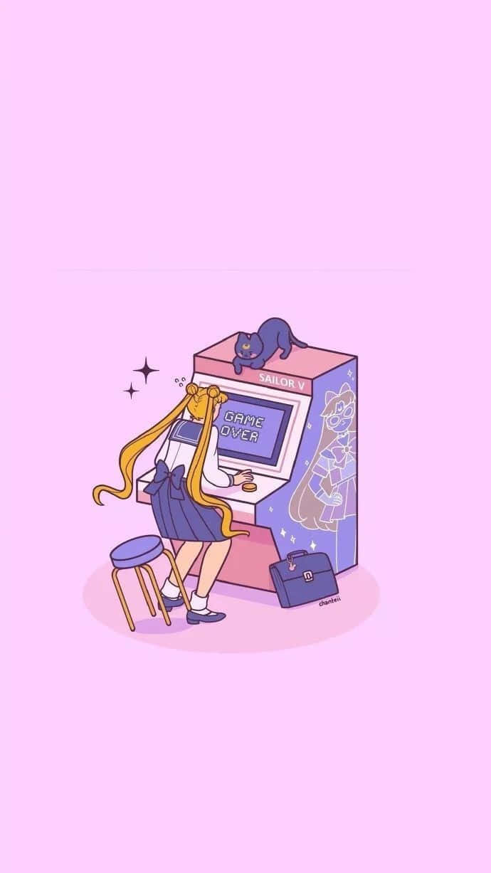 美少女戰士 桌布 壁紙 — 一個可愛的動漫女孩，長長的金髮，正在玩一台粉紅色的街機，上面寫著Sailor V，而一隻貓則躺在機頂上。