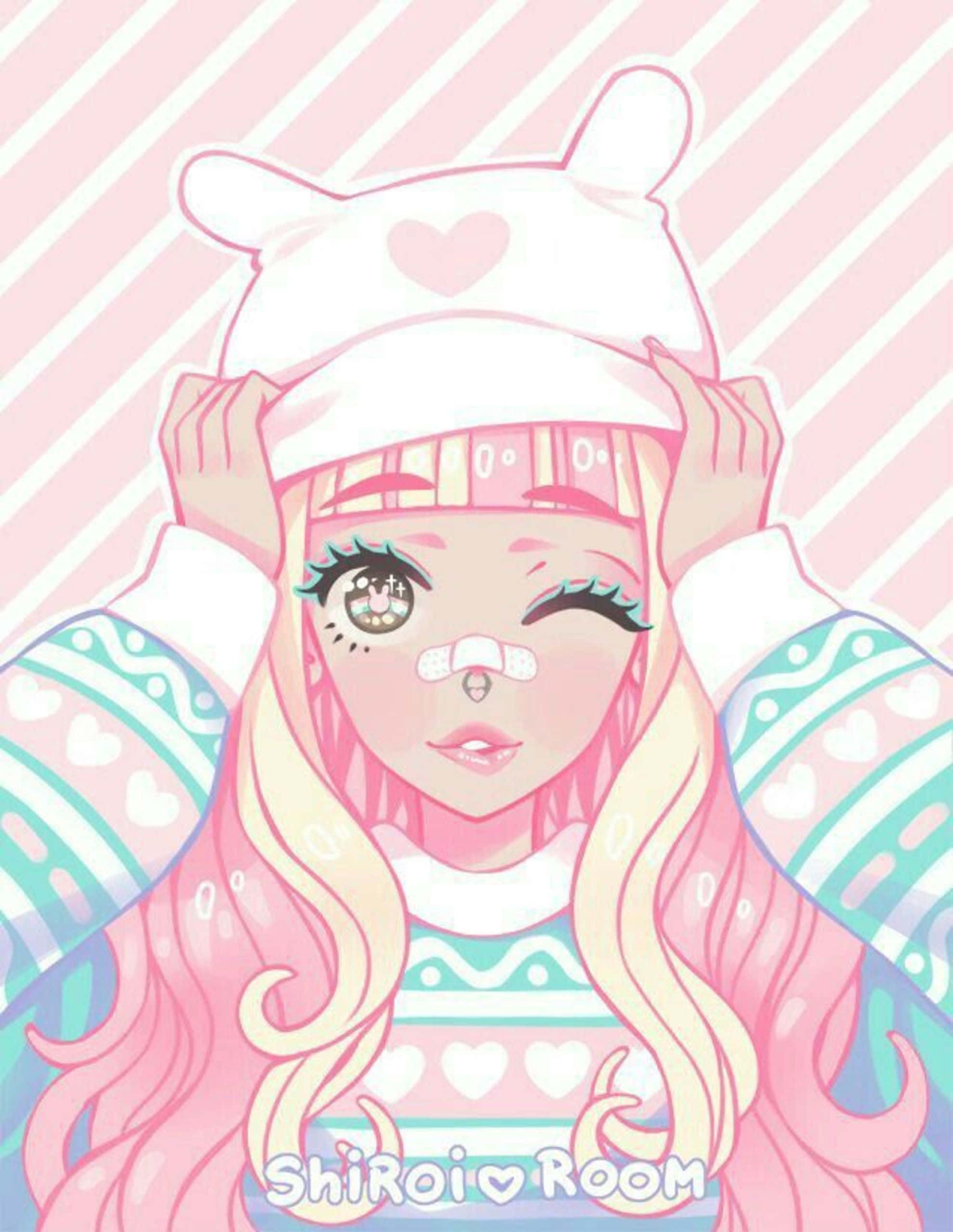 Pastel Pink Aesthetic Anime 桌布 壁紙 — 一個可愛的動漫女孩，長長的金髮和白色兔兔帽，在粉紅色條紋背景前微笑著調整帽子。