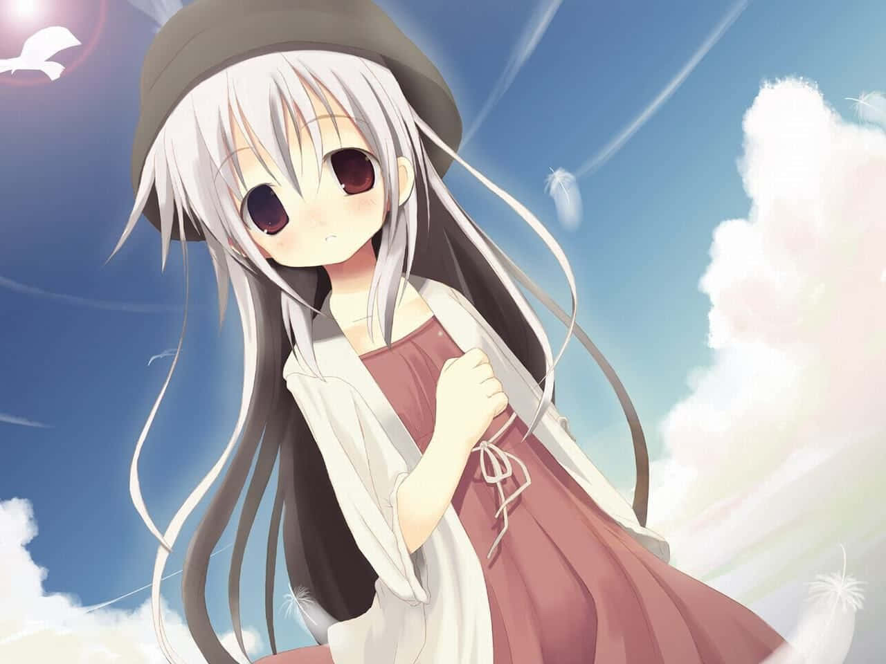 animecore 桌布 壁紙 — 一個可愛的動漫女孩，長長的銀色頭髮和棕色帽子，站在明亮的藍天下，有蓬鬆的雲朵和飄浮的蒲公英絨毛。