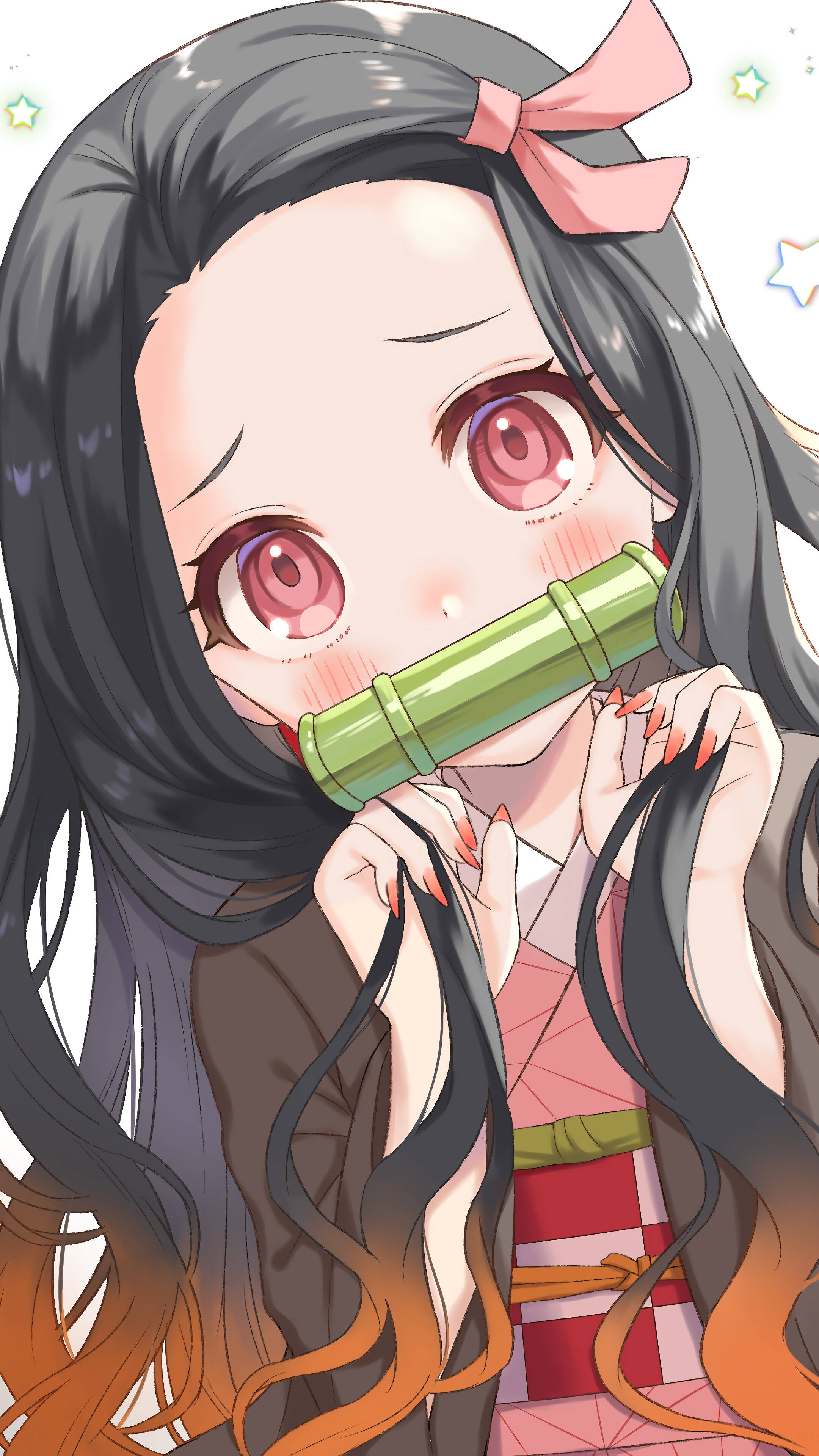 桌布 壁紙 — 一個可愛的動漫女孩，長長的黑髮和粉紅色的眼睛，在閃爍的星空背景下，將一支綠色的竹笛放在唇邊。