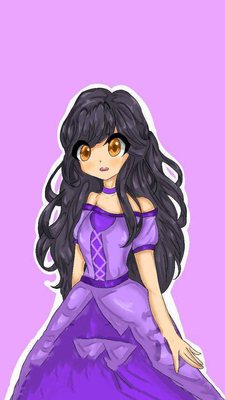 Aphmau 桌布 壁紙 — 一個可愛的動漫女孩，長長的黑髮和金色的眼睛，穿著紫色連衣裙，背景是純色薰衣草。