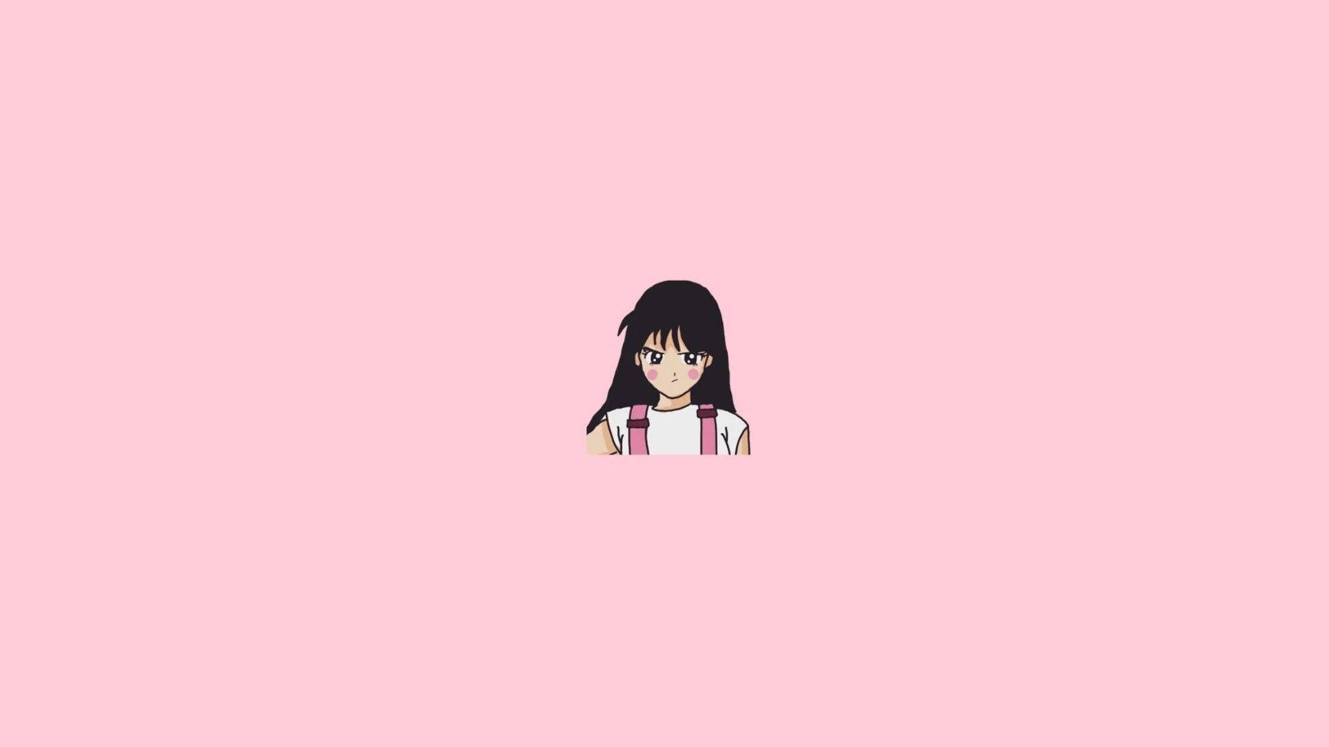 girls 桌布 壁紙 — 一個可愛的動漫女孩，長長的黑髮和粉紅色吊帶褲，居中在純色粉彩粉紅背景上。