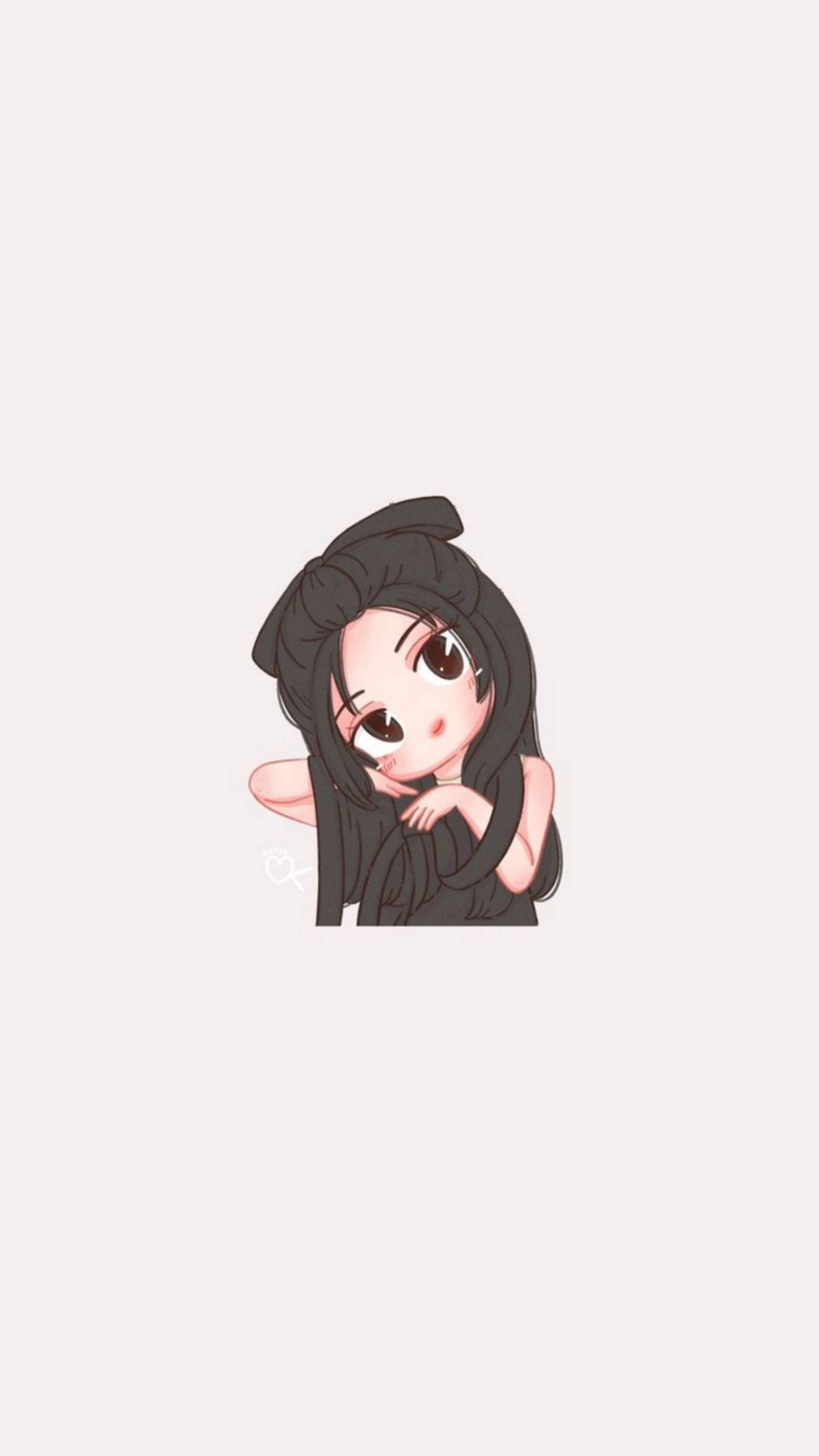 BLACKPINK 桌布 壁紙 — 一個可愛的動漫女孩，長長的黑髮和大眼睛，在柔和的米色背景上從她的手後面頑皮地偷看。