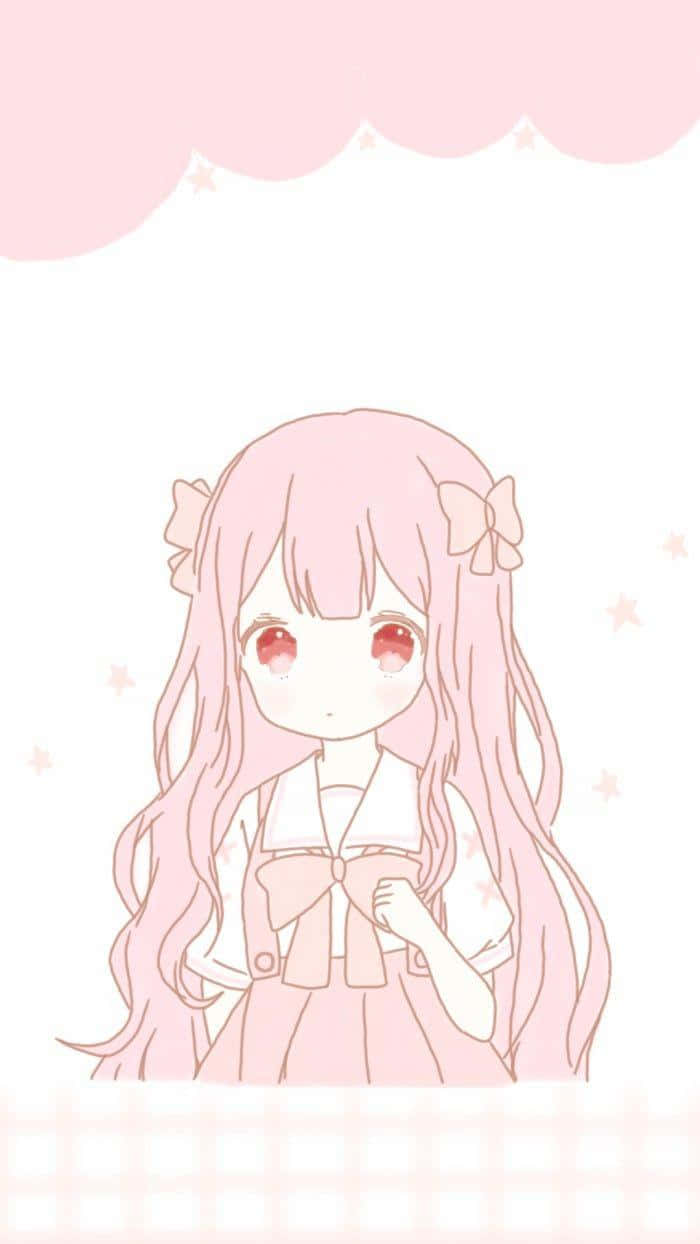 動漫女孩 桌布 壁紙 — 一個可愛的動漫女孩，長長粉紅色頭髮和紅色眼睛，穿著粉紅色蝴蝶結連衣裙，在柔軟的粉紅色雲朵天空下，點綴著星星。