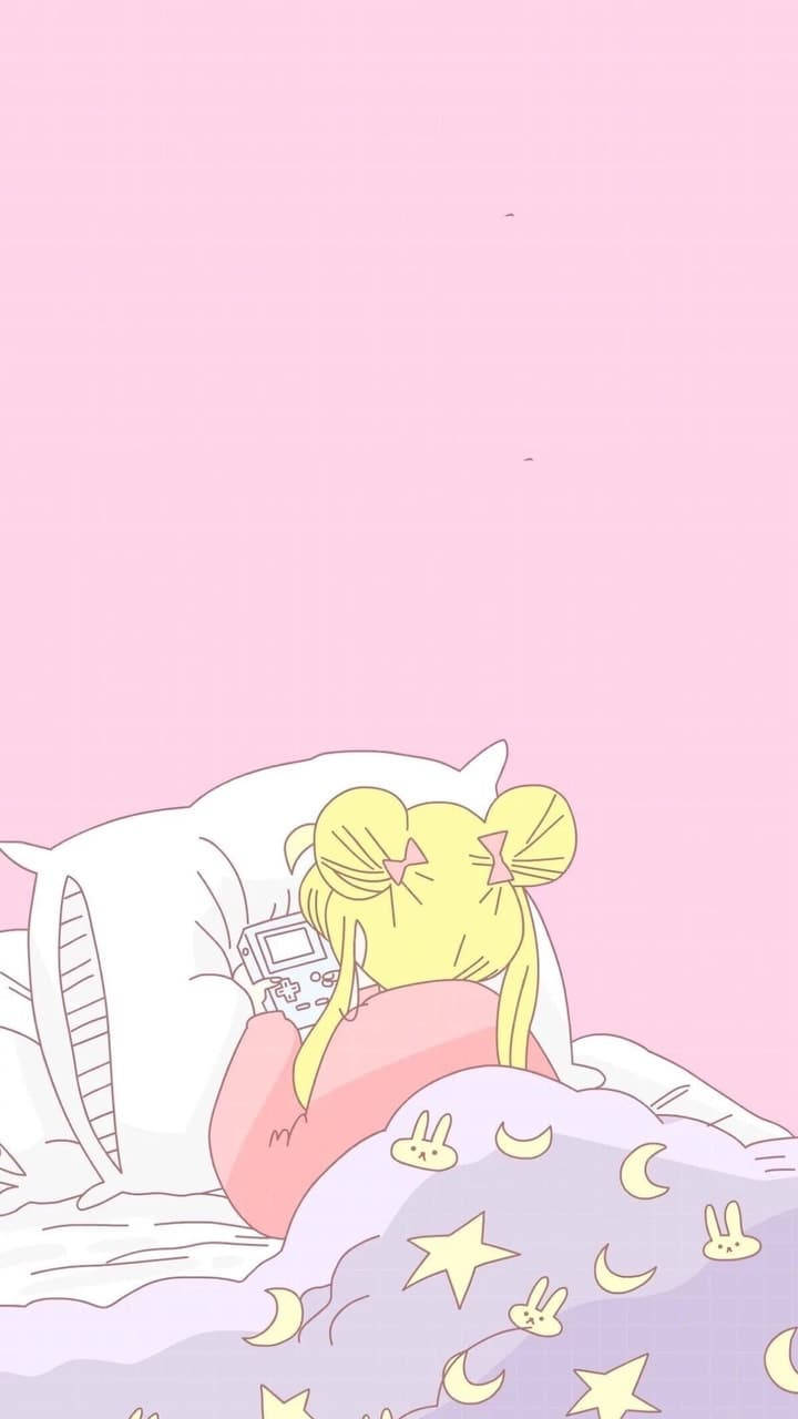 動漫女孩黃色雙馬尾在粉紅色房間蓋著星星月亮毯子睡覺。