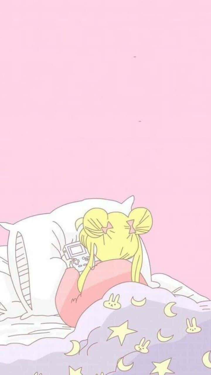 美少女戰士 桌布 壁紙 — 一個可愛的動漫女孩，黃色雙馬尾，在粉紅色背景上，蓋著星星和月亮圖案的毯子睡覺。