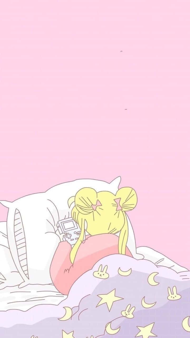 Sailor Moon iPad 桌布 壁紙 — 一個可愛的動漫女孩，黃色雙馬尾，在柔軟的粉紅色房間裡，蓋著星星和月亮圖案的毯子睡覺。