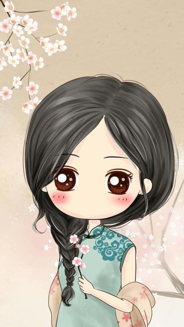 動漫女孩 桌布 壁紙 — 一個可愛的動漫女孩，黑色辮子，在柔和的米色背景上拿著櫻花，花瓣飄落。
