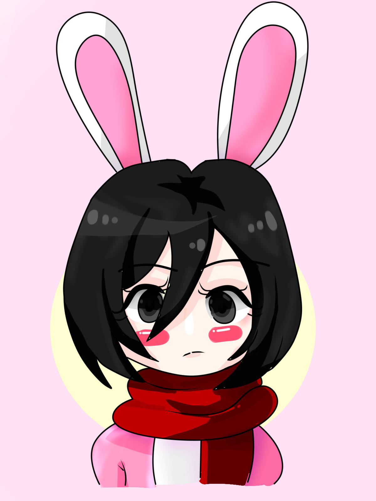 Mikasa 桌布 壁紙 — 一個可愛的動漫女孩，黑髮兔耳，戴著紅色圍巾，背景是柔和的粉紅色。