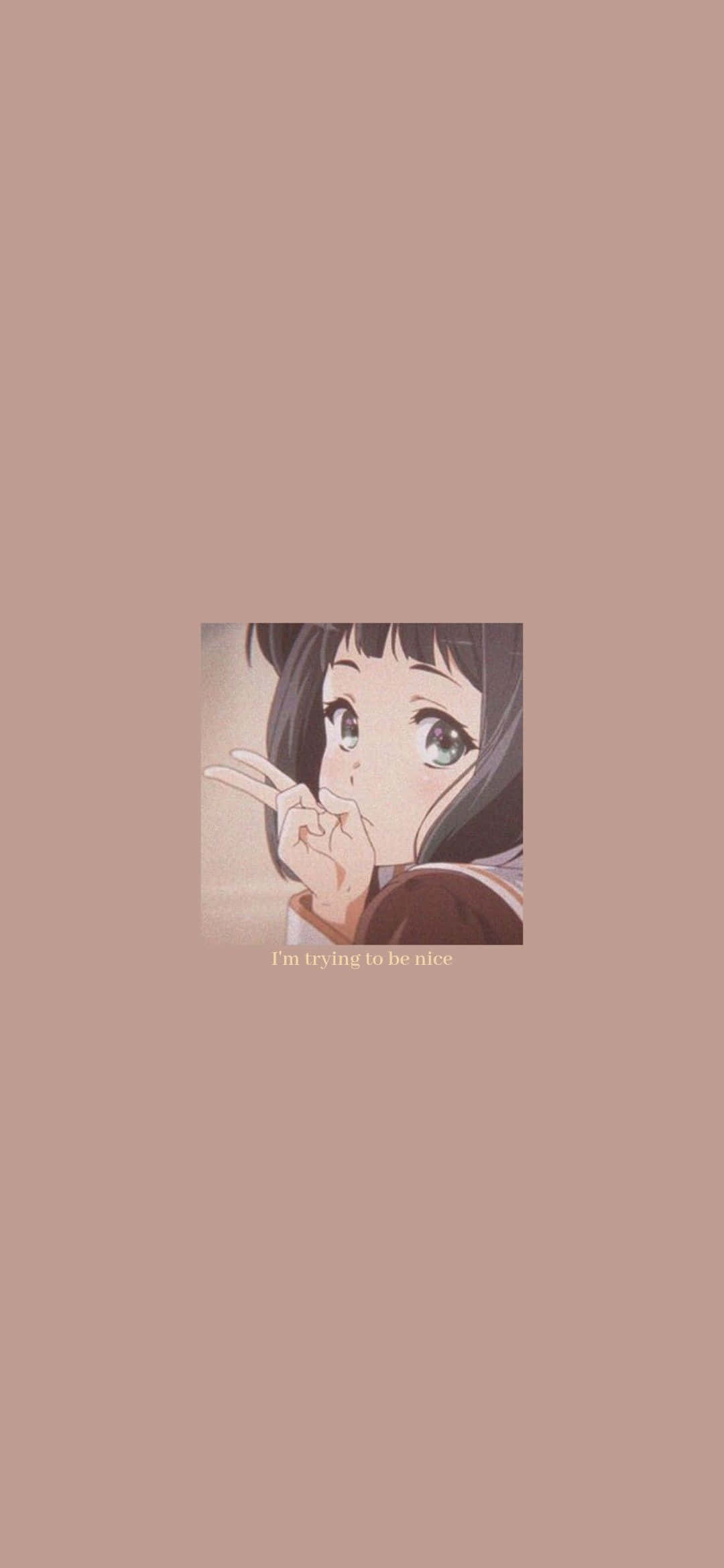 動漫女孩 桌布 壁紙 — 一個可愛的動漫女孩，黑髮綠眼，在純色灰玫瑰背景上比出和平手勢，下方有文字。