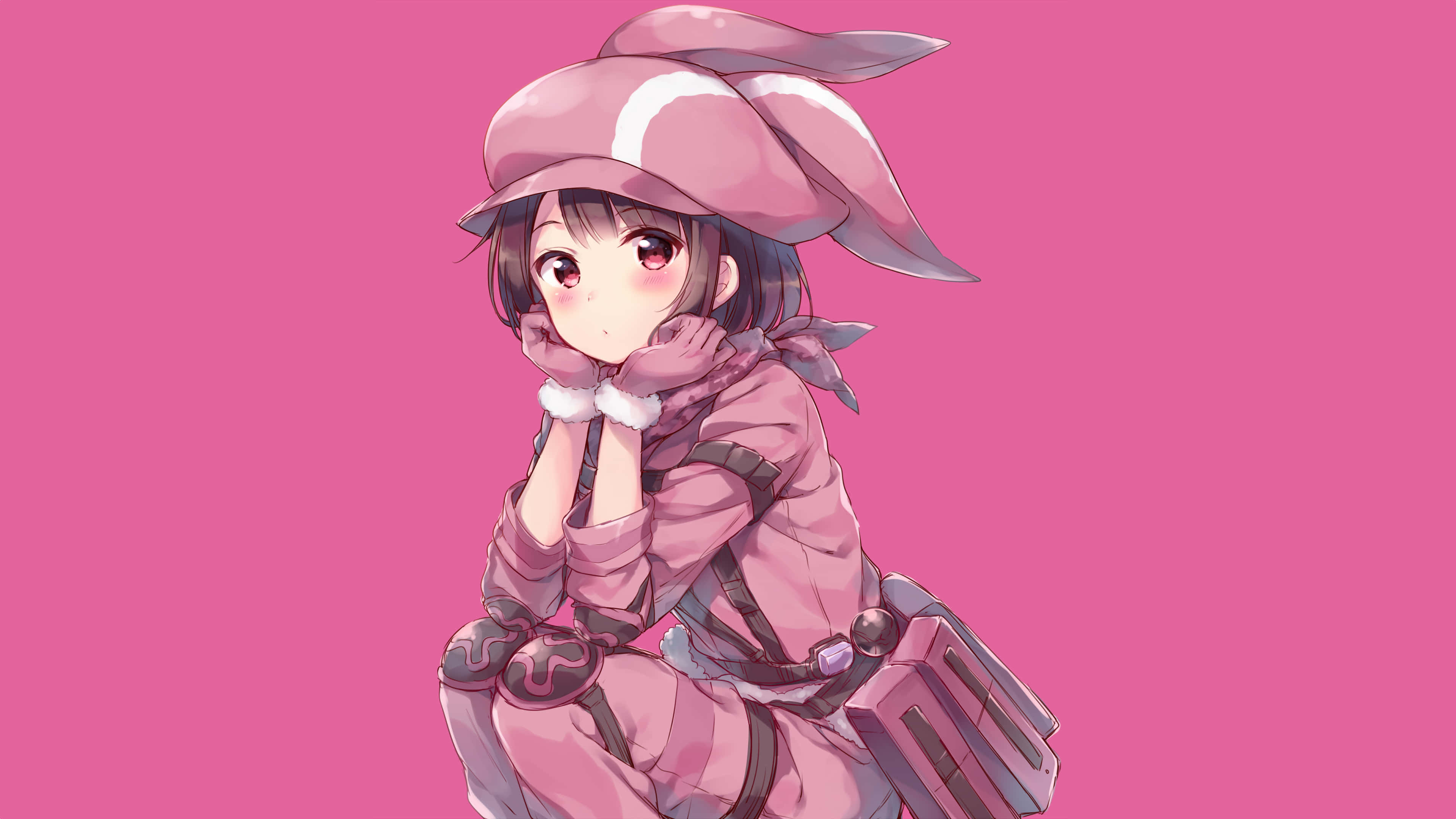 動漫女孩 桌布 壁紙 — 一個可愛的動漫女孩戴著粉紅色兔子帽和相配的服裝，坐在純粉紅色背景前沉思。